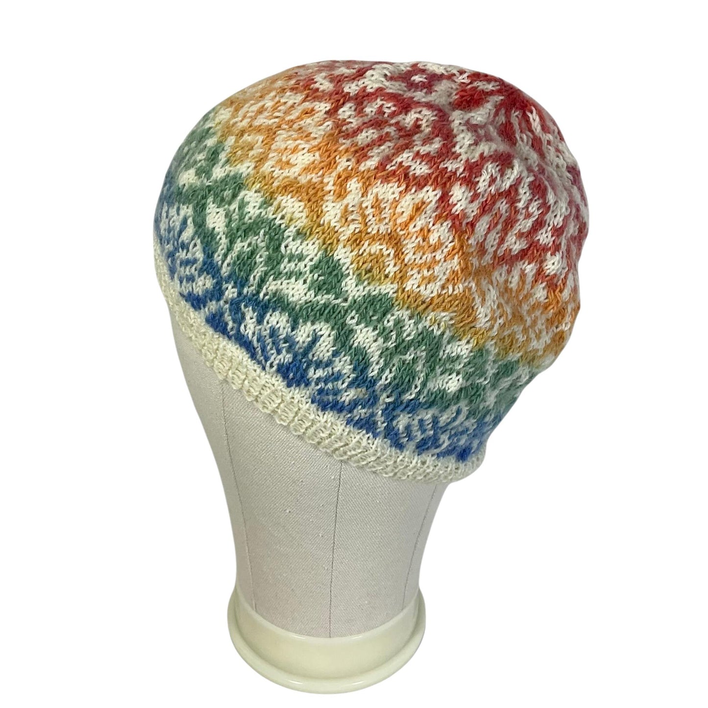 Floral Fairisle hand knitted hat in variagated rainbow shade yarn