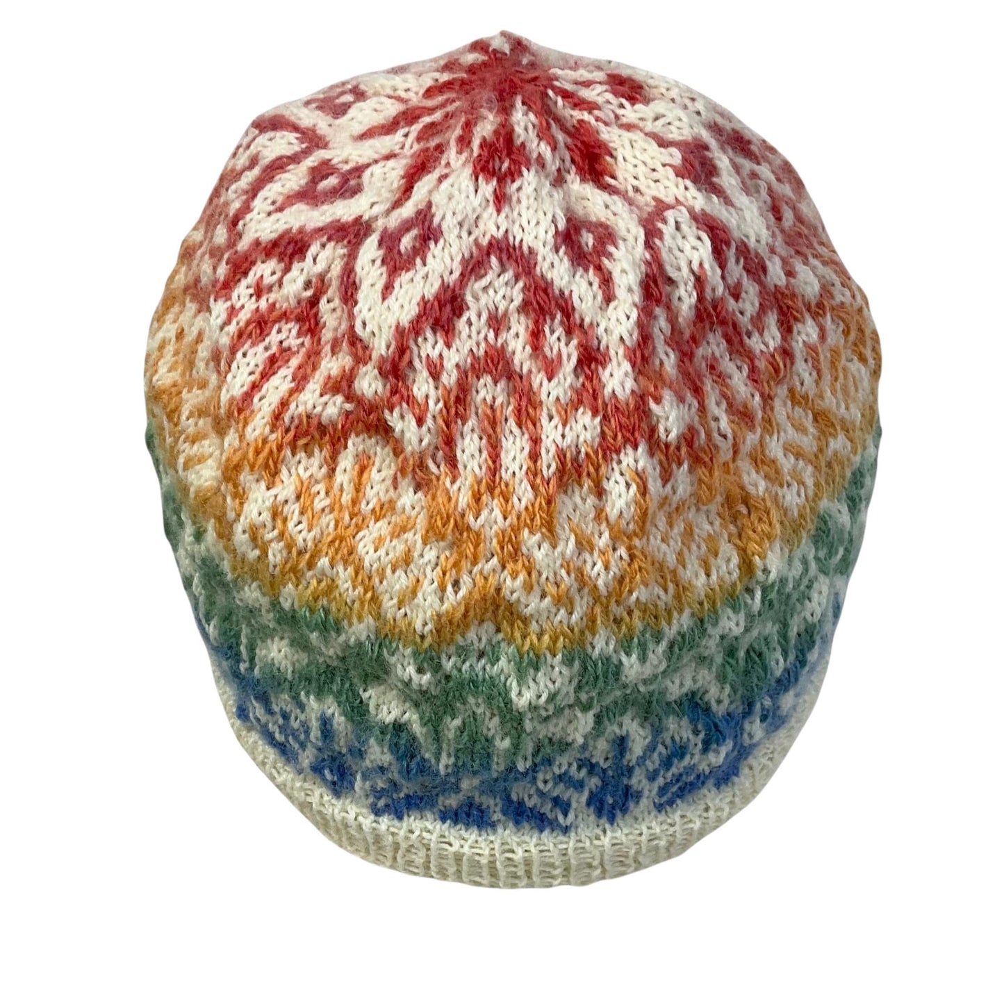 Floral Fairisle hand knitted hat in variagated rainbow shade yarn