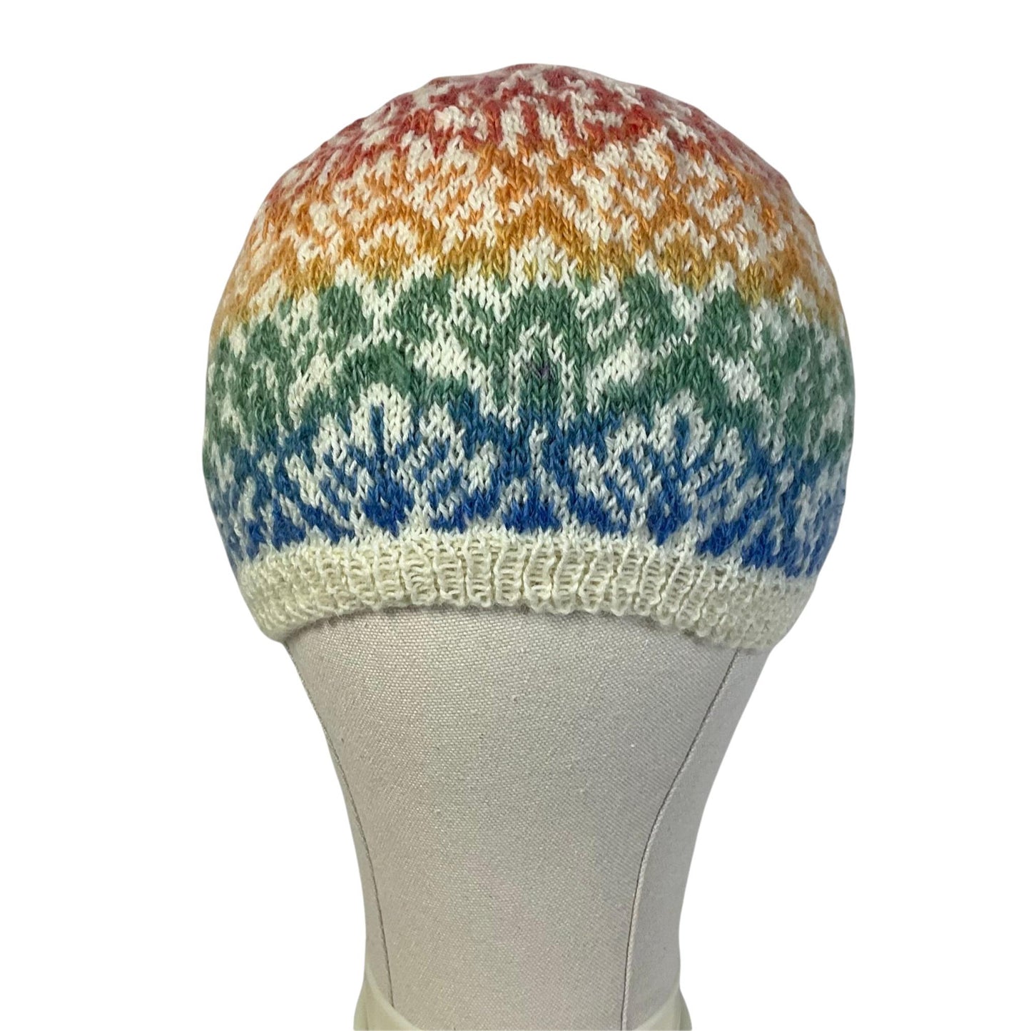 Floral Fairisle hand knitted hat in variagated rainbow shade yarn