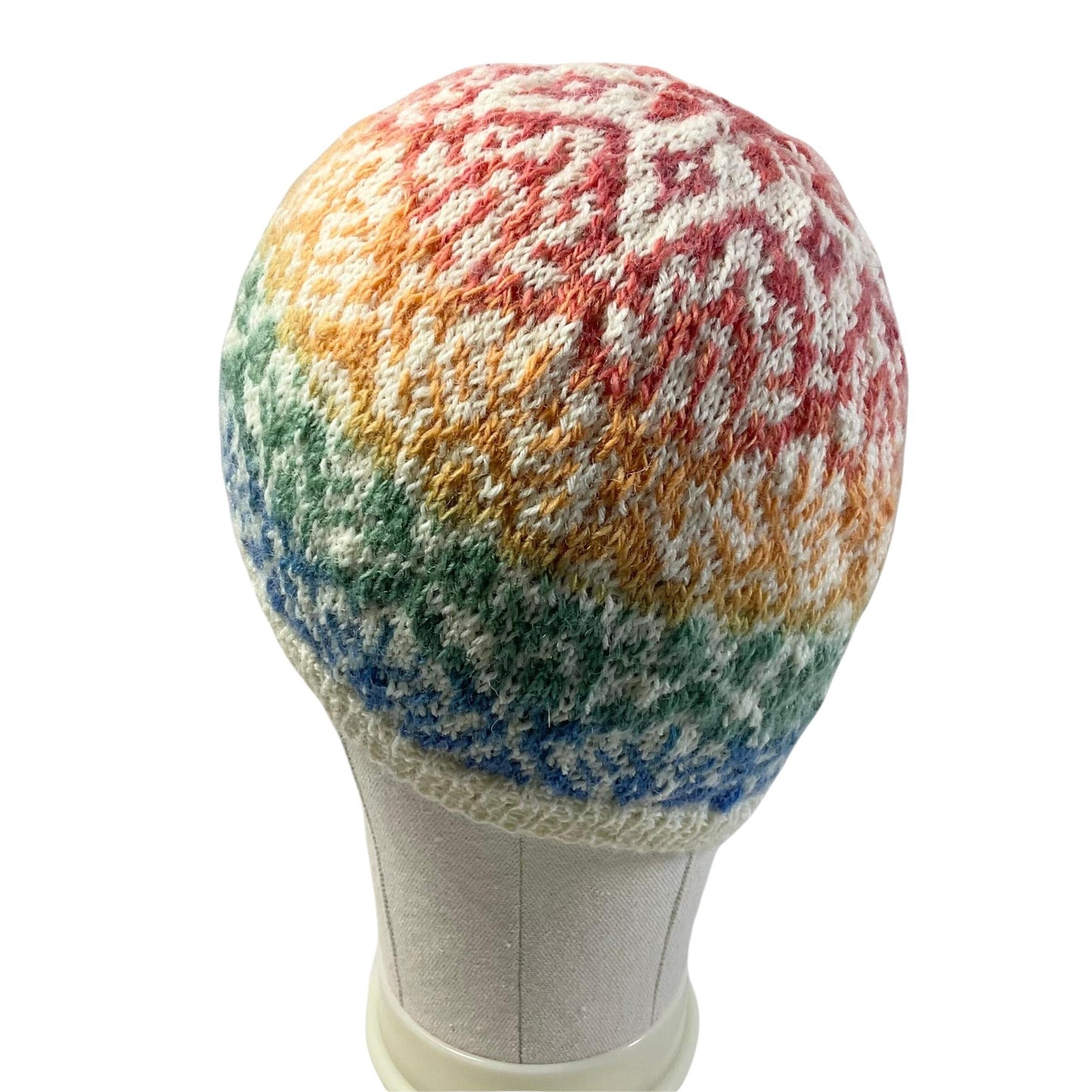 Floral Fairisle hand knitted hat in variagated rainbow shade yarn