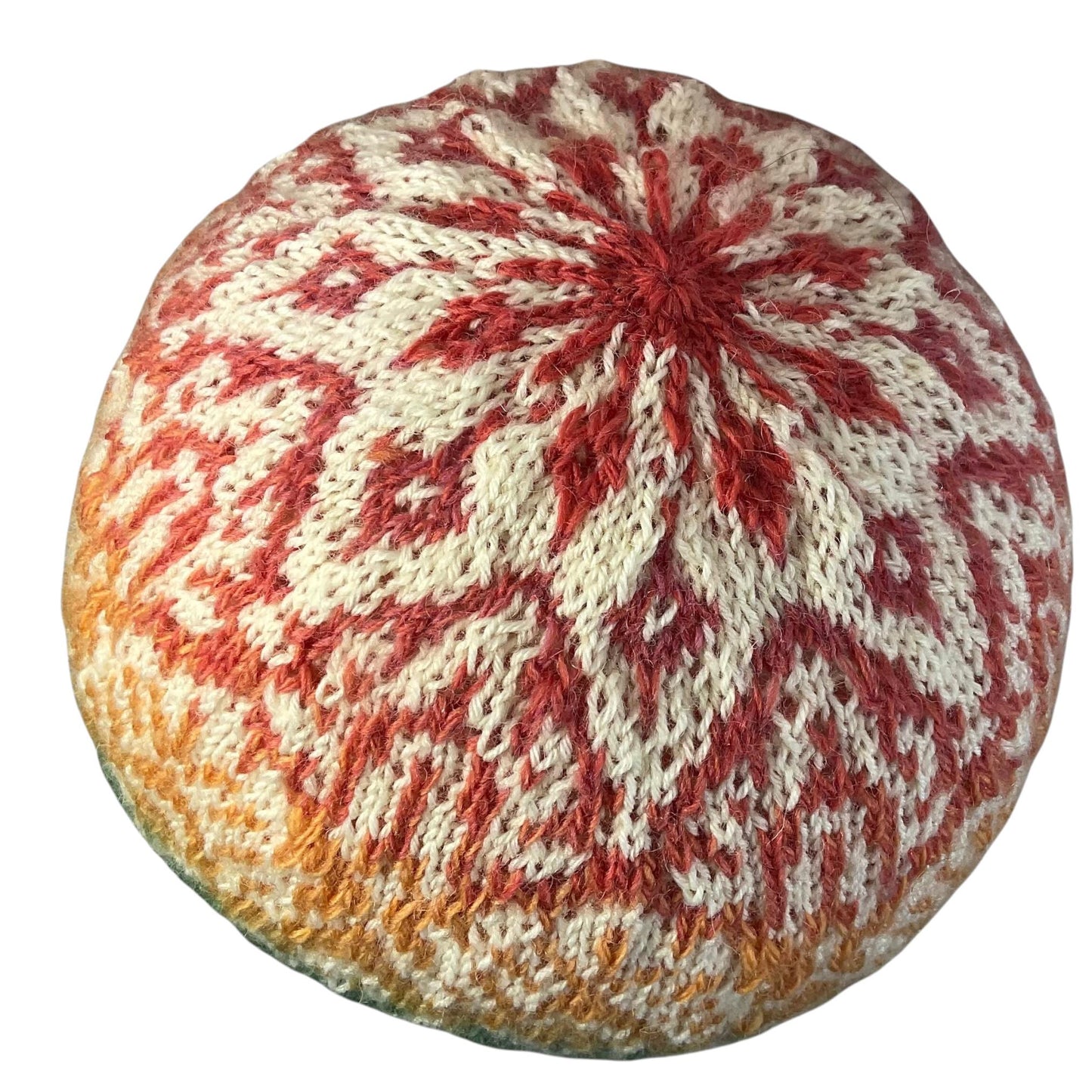 Floral Fairisle hand knitted hat in variagated rainbow shade yarn