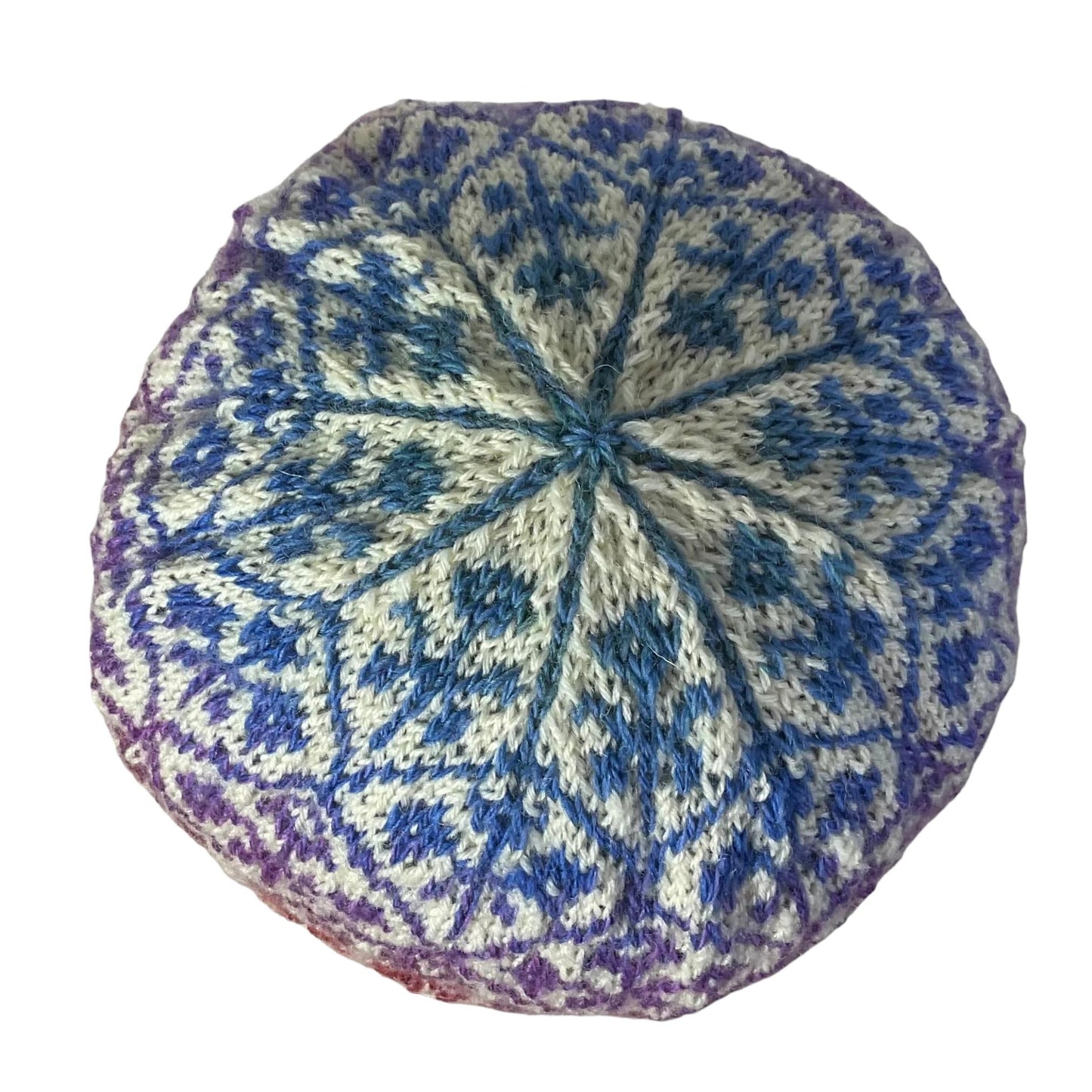 Floral Fairisle hand knitted hat in variagated red and purple yarn