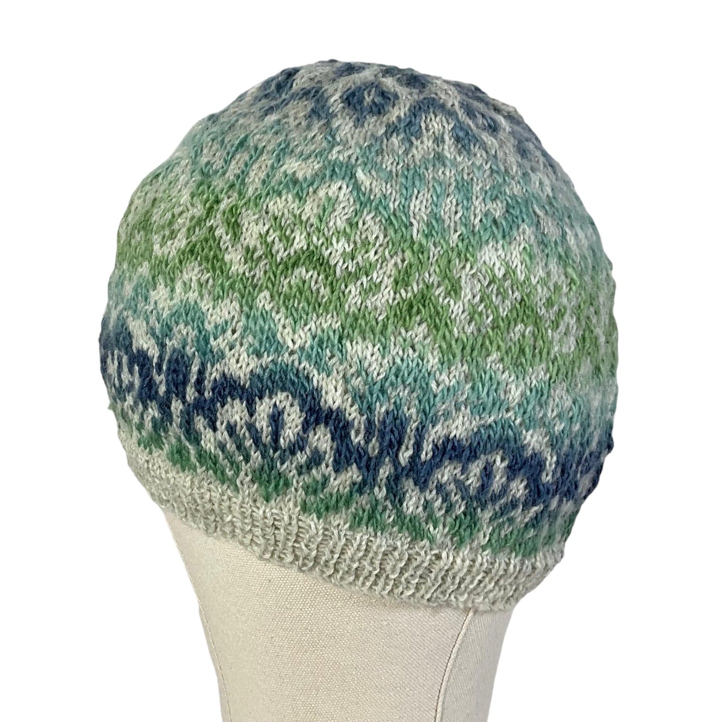 Floral Fairisle hand knitted hat in variegated yarn