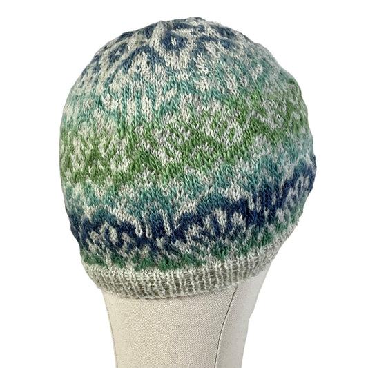 Floral Fairisle hand knitted hat in variegated yarn