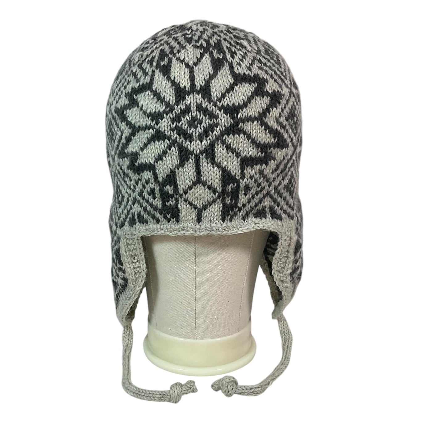 Ear flap hat with stranded grey and brown pattern