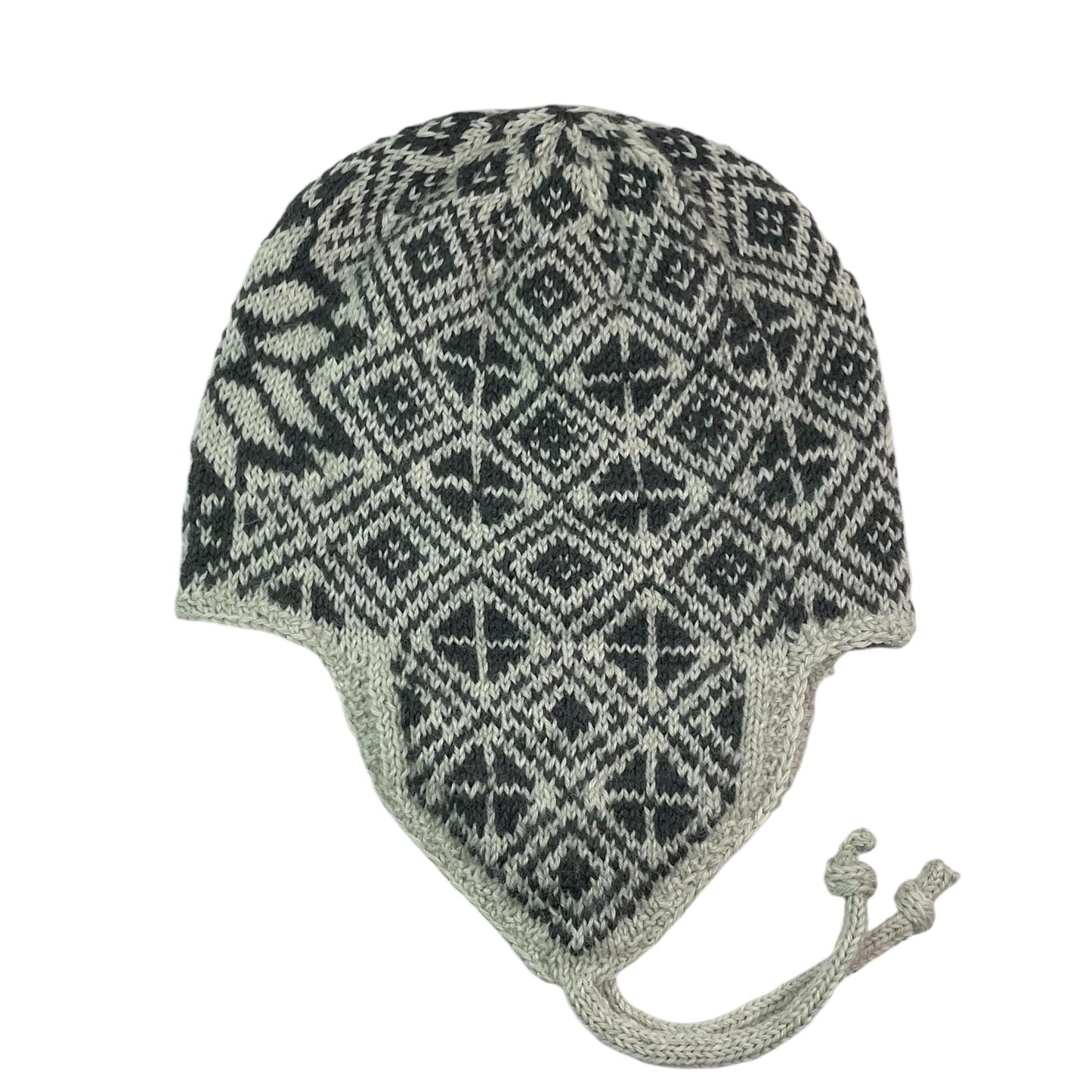 Ear flap hat with stranded grey and brown pattern