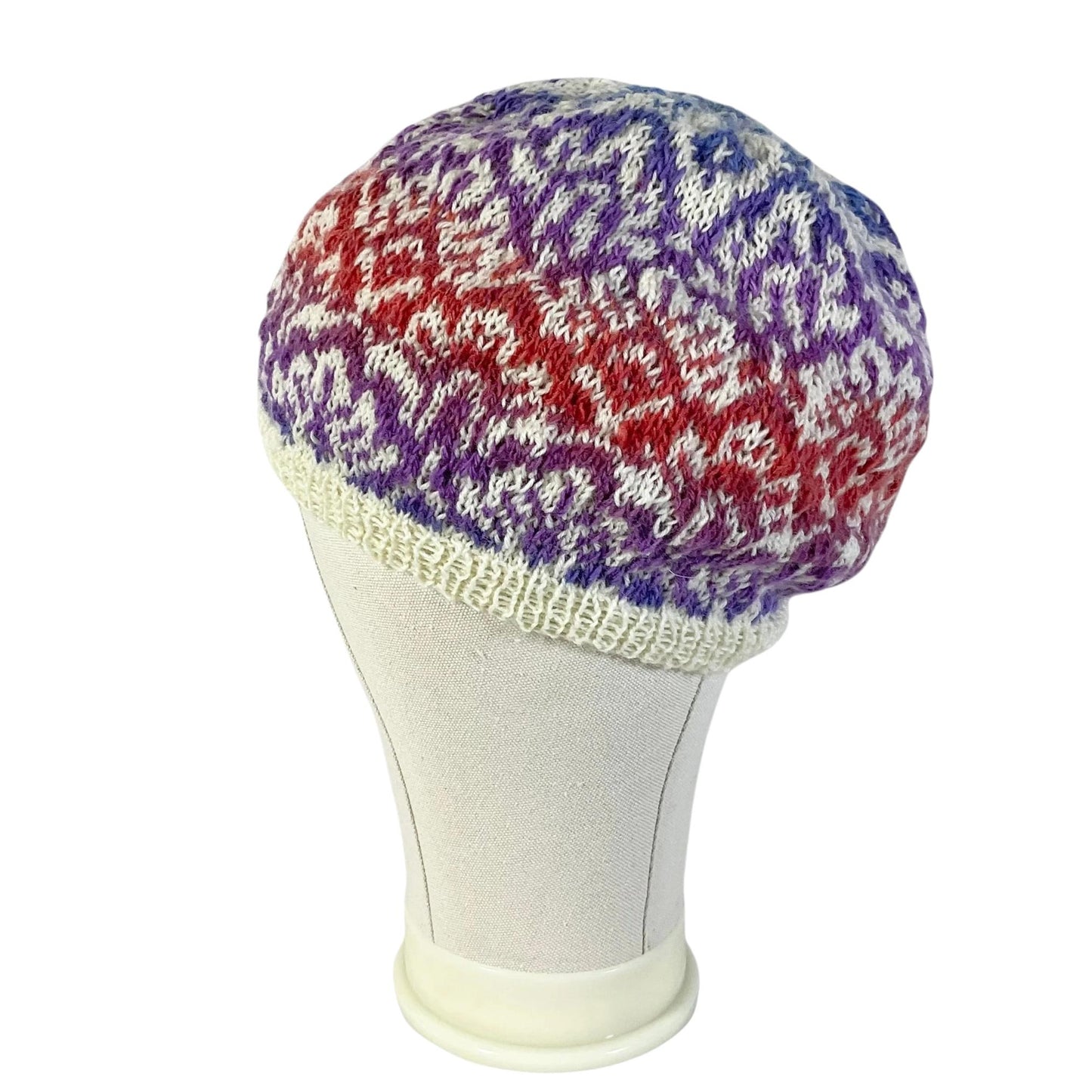 Floral Fairisle hand knitted hat in variegated yarn