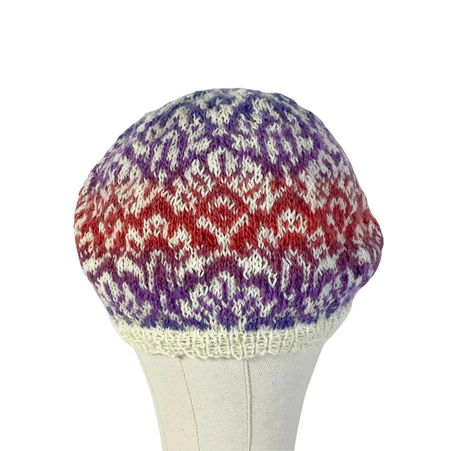 Floral Fairisle hand knitted hat in variegated yarn