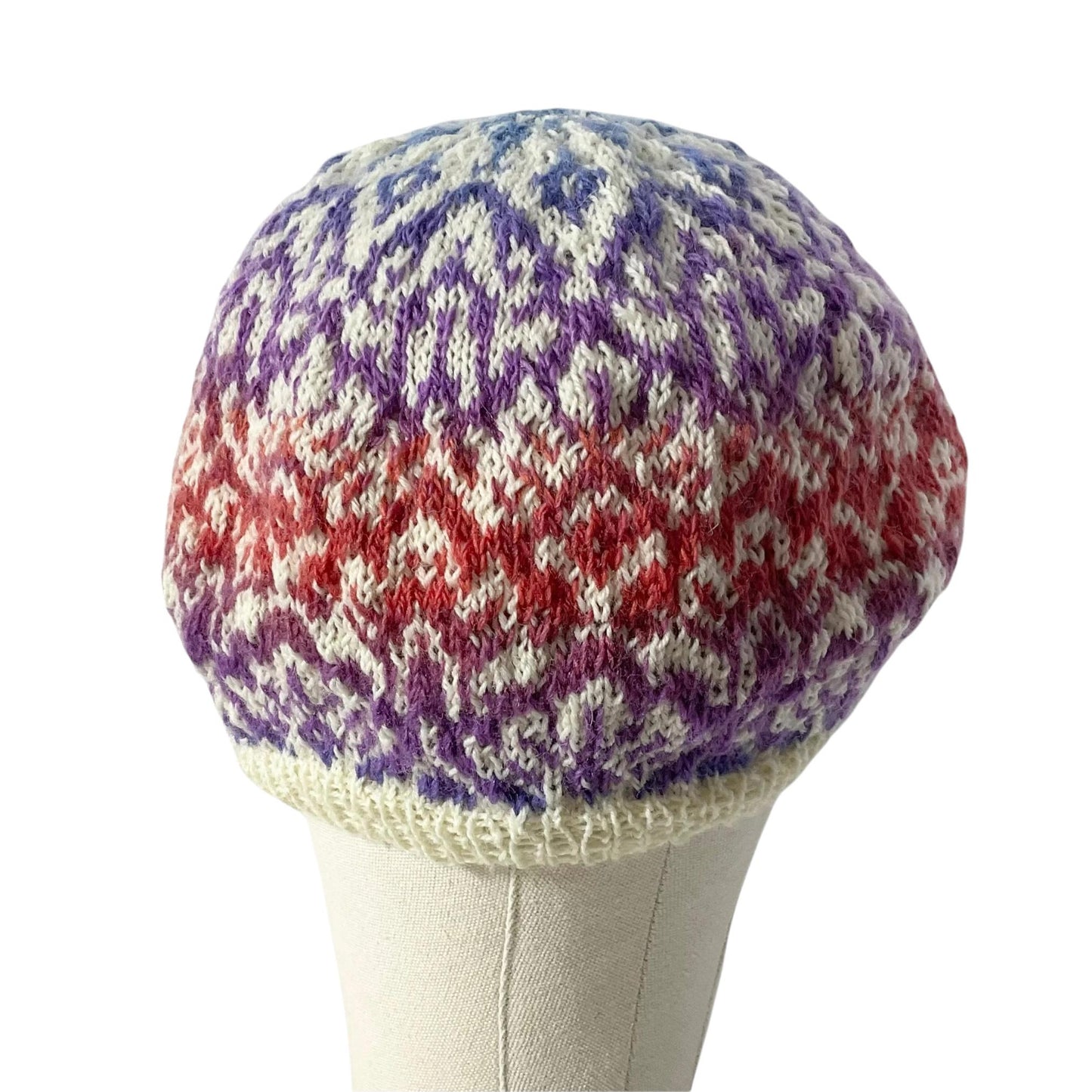 Floral Fairisle hand knitted hat in variegated yarn