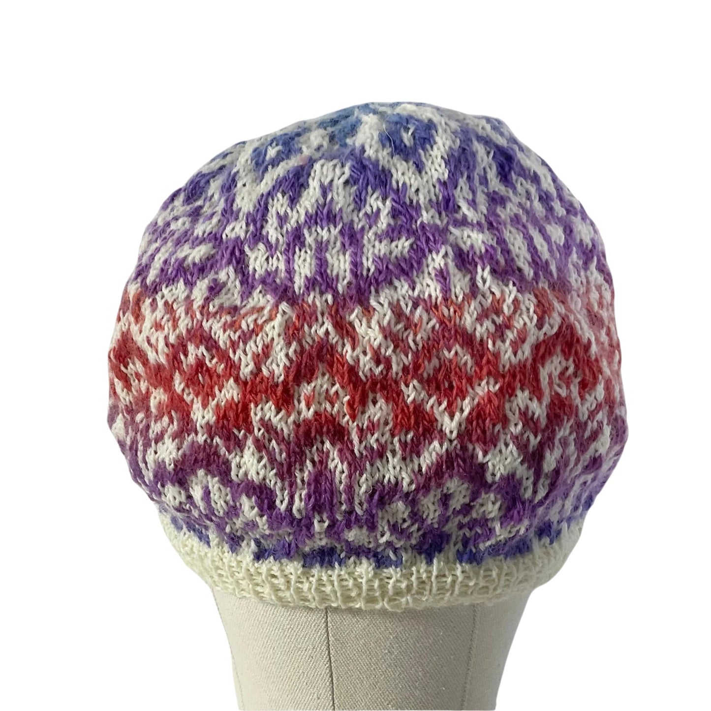 Floral Fairisle hand knitted hat in variegated yarn