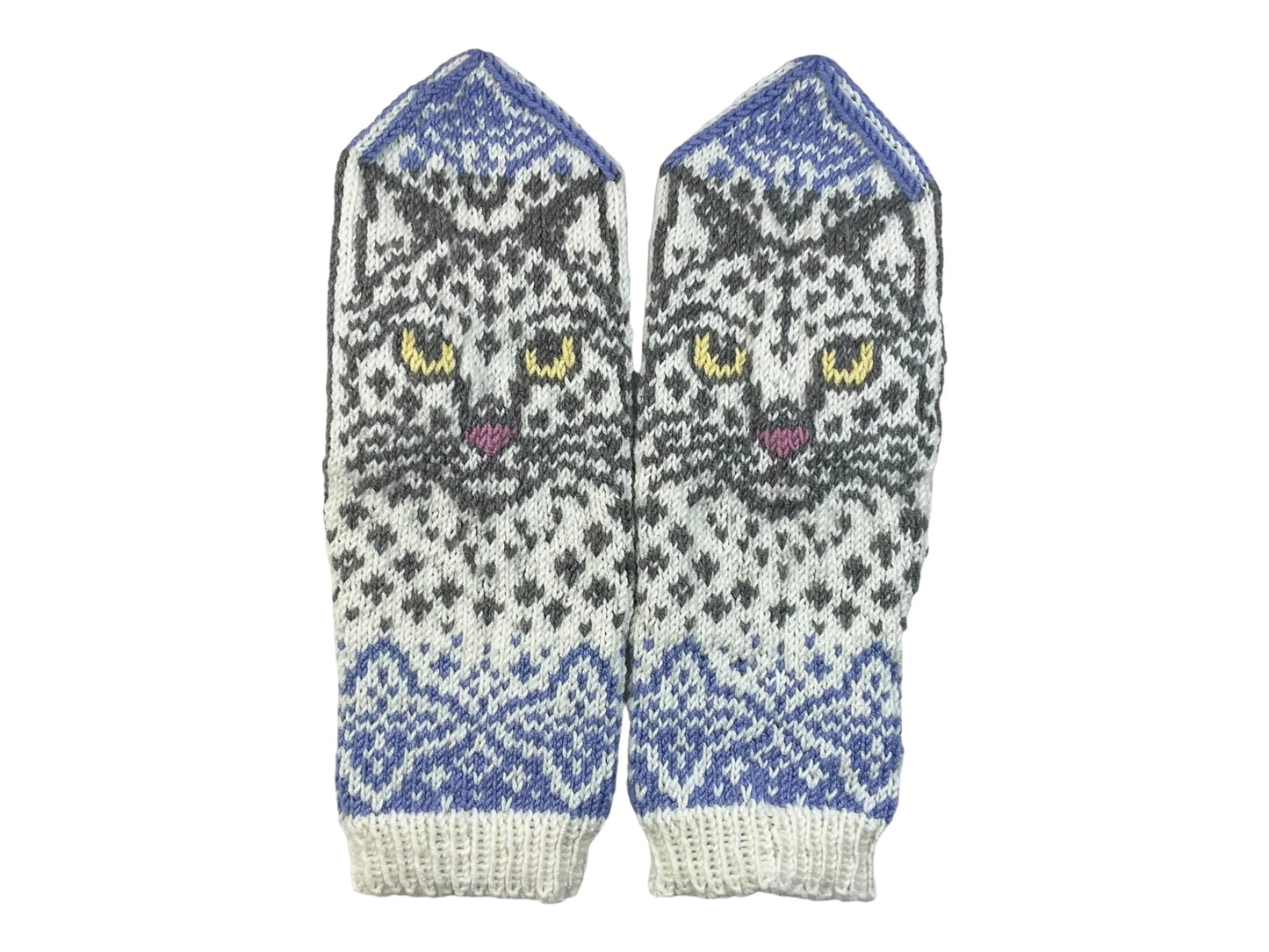 handknitted winter cat motif mittens