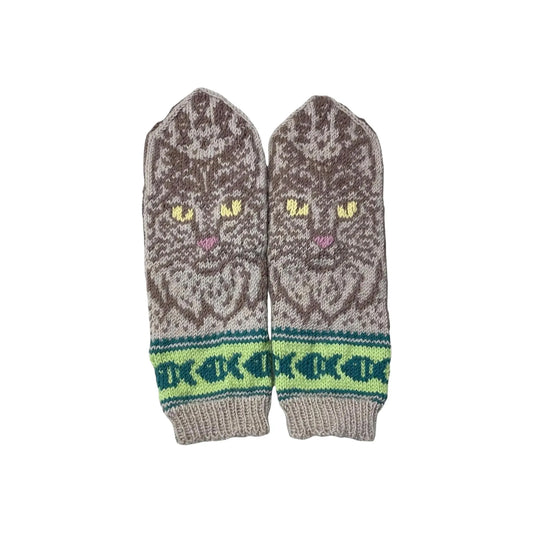 handknitted brown cat motif mittens