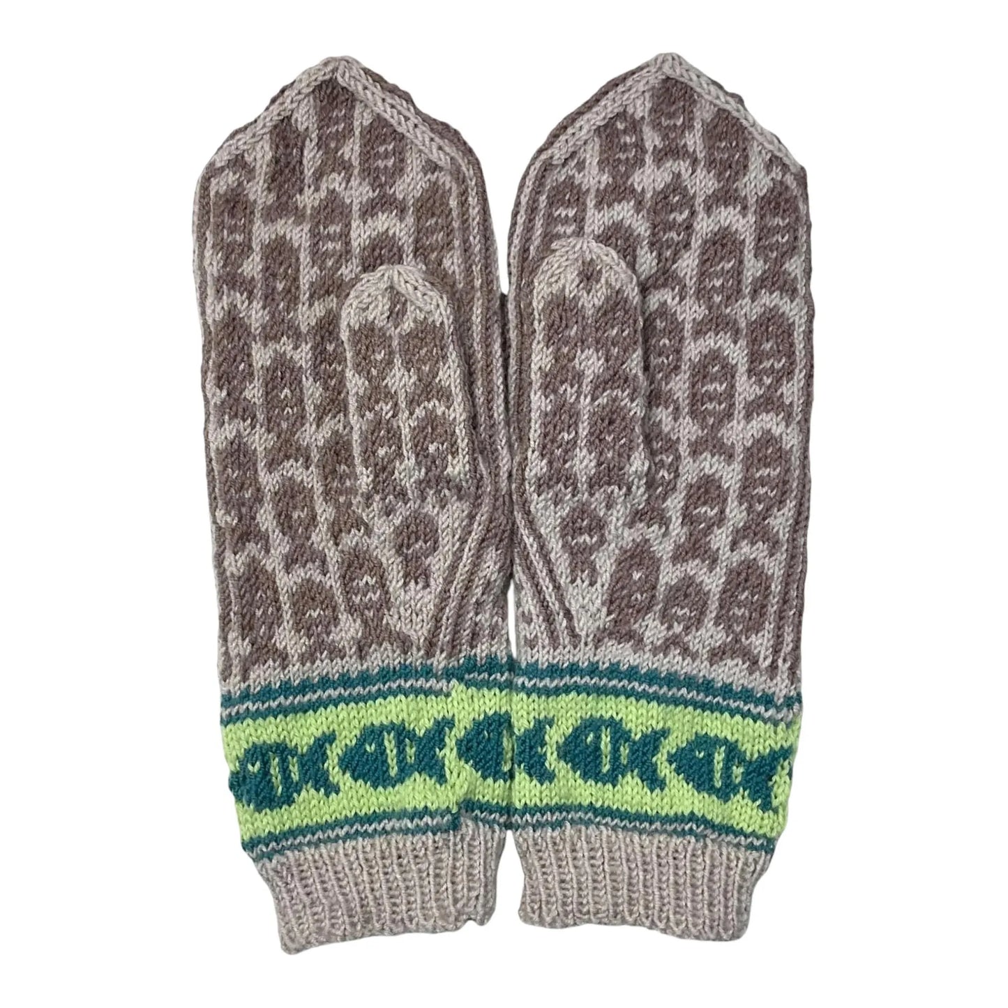 handknitted brown cat motif mittens