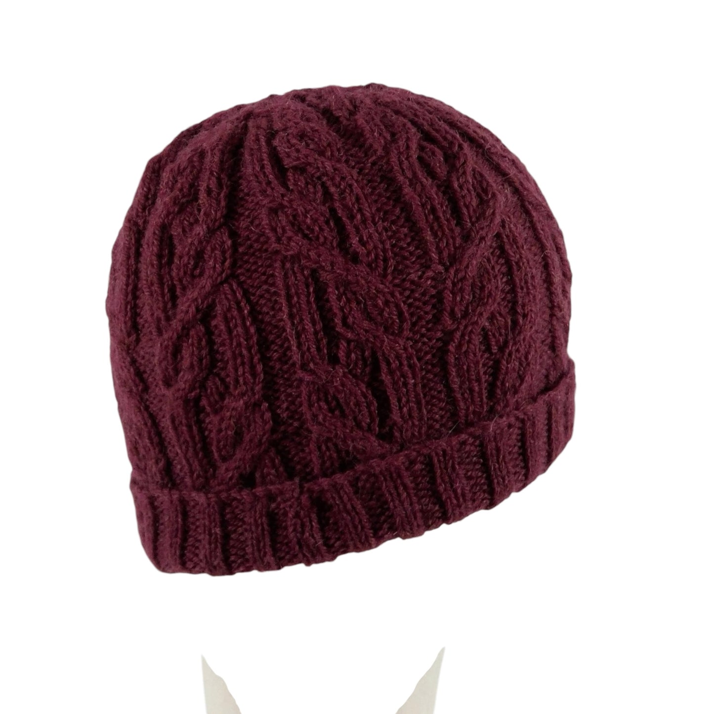 hand knitted cable hat in burgundy red