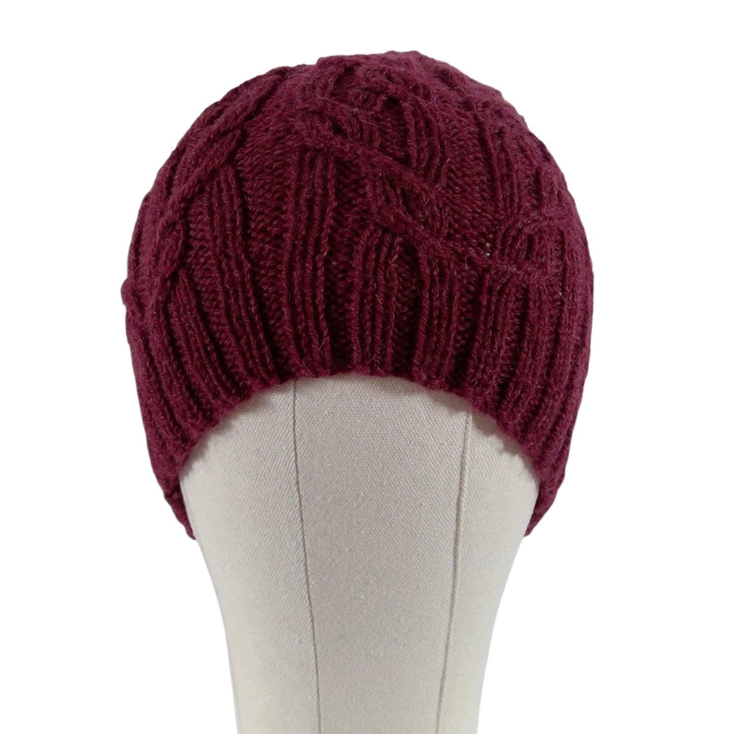 hand knitted cable hat in burgundy red
