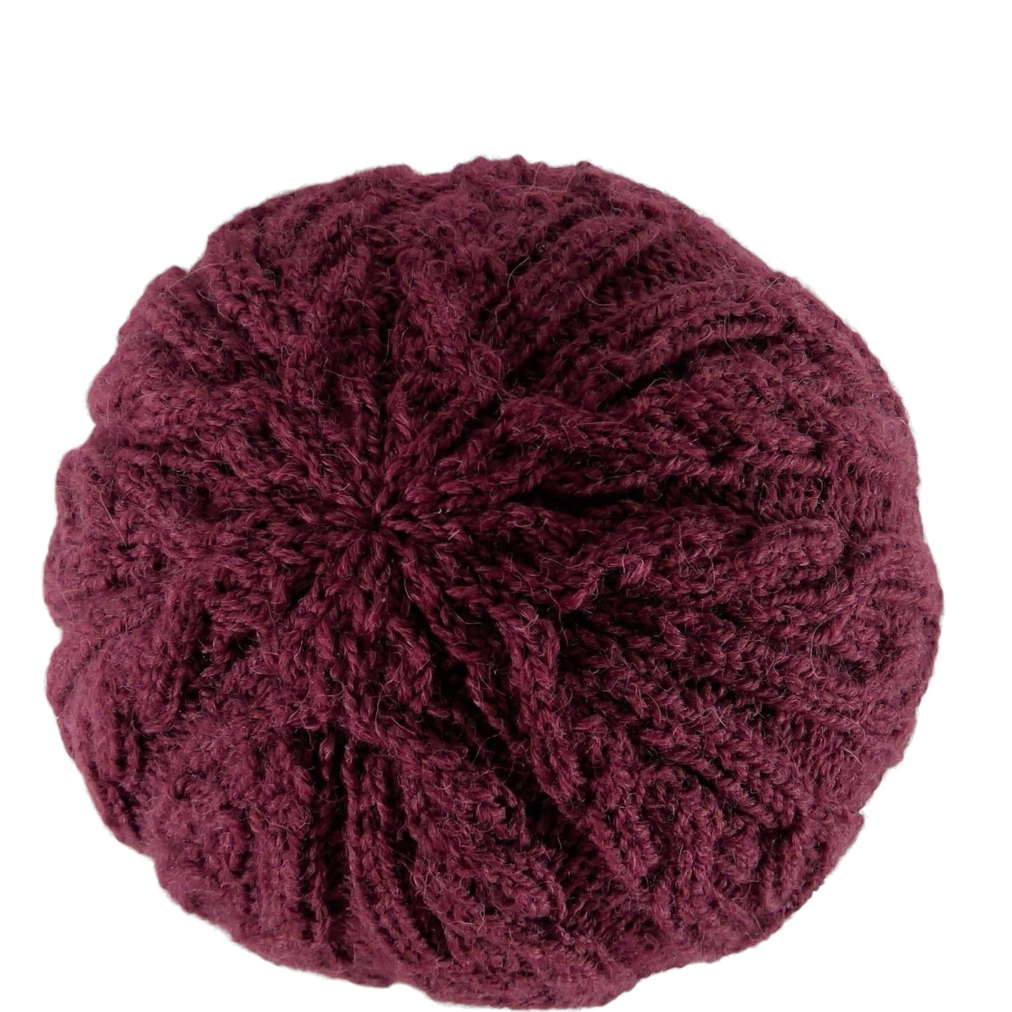 hand knitted cable hat in burgundy red