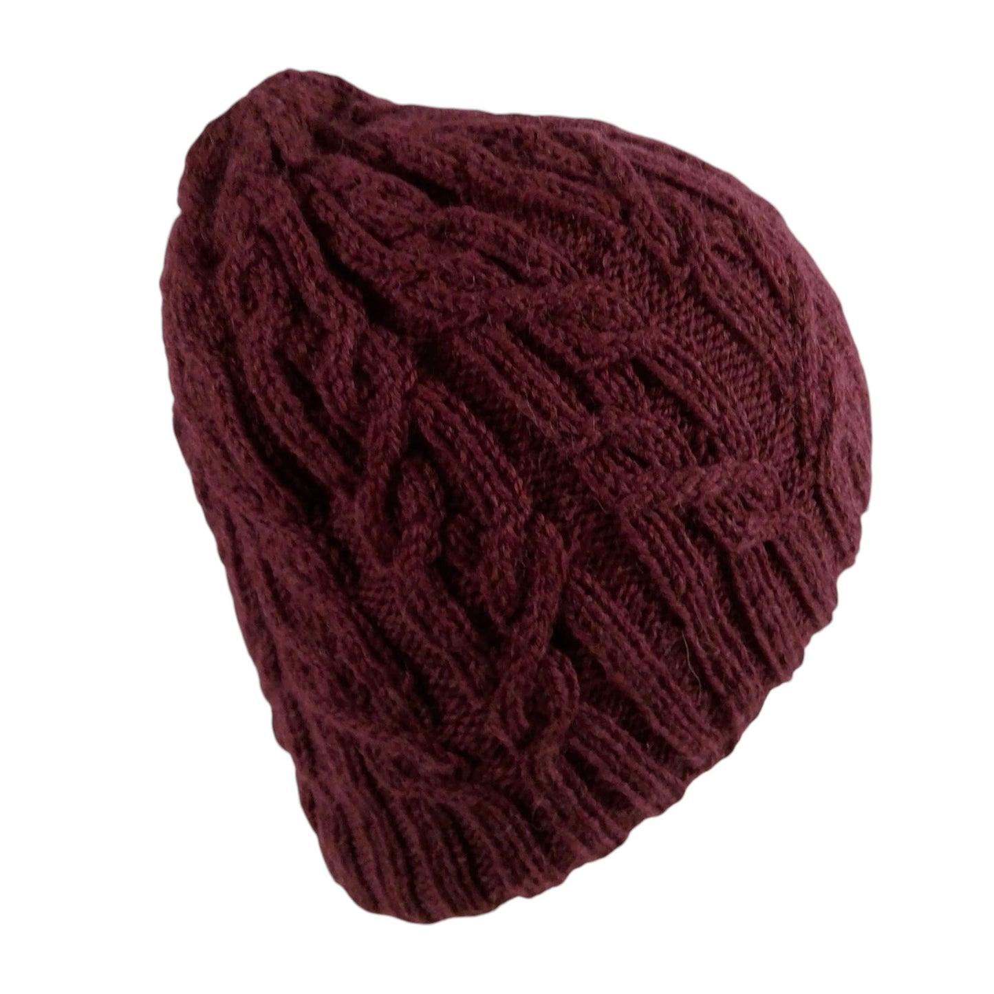 hand knitted cable hat in burgundy red
