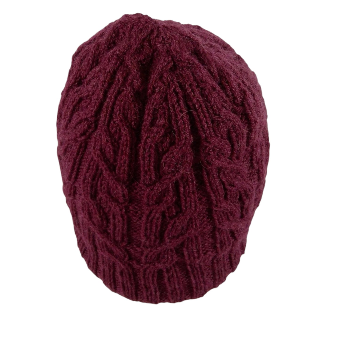hand knitted cable hat in burgundy red