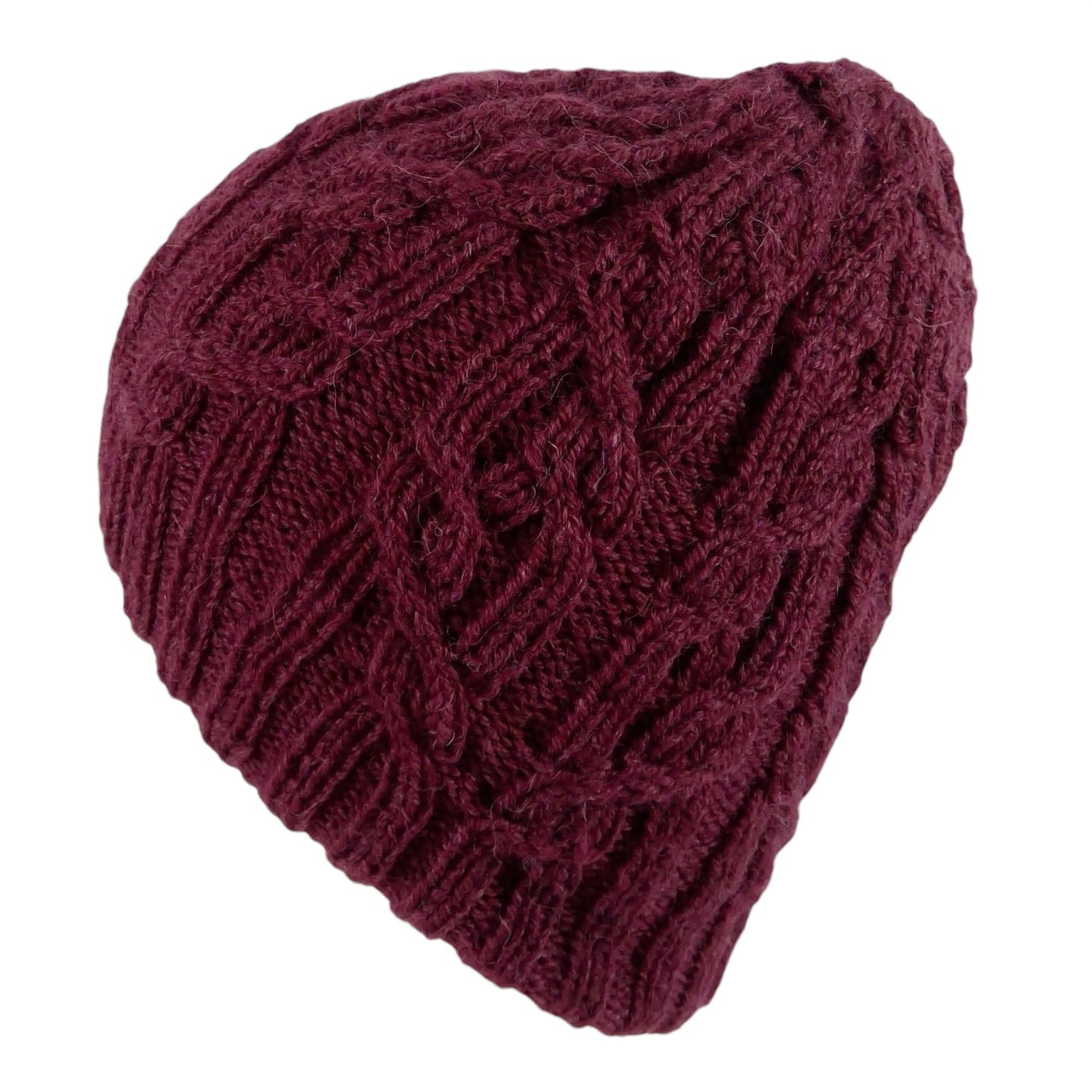 hand knitted cable hat in burgundy red