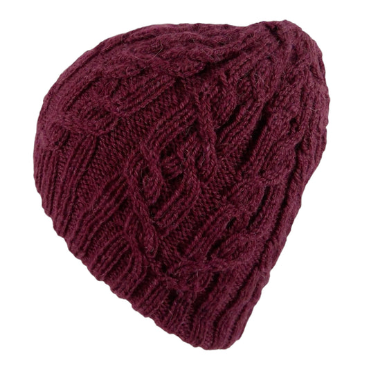 hand knitted cable hat in burgundy red