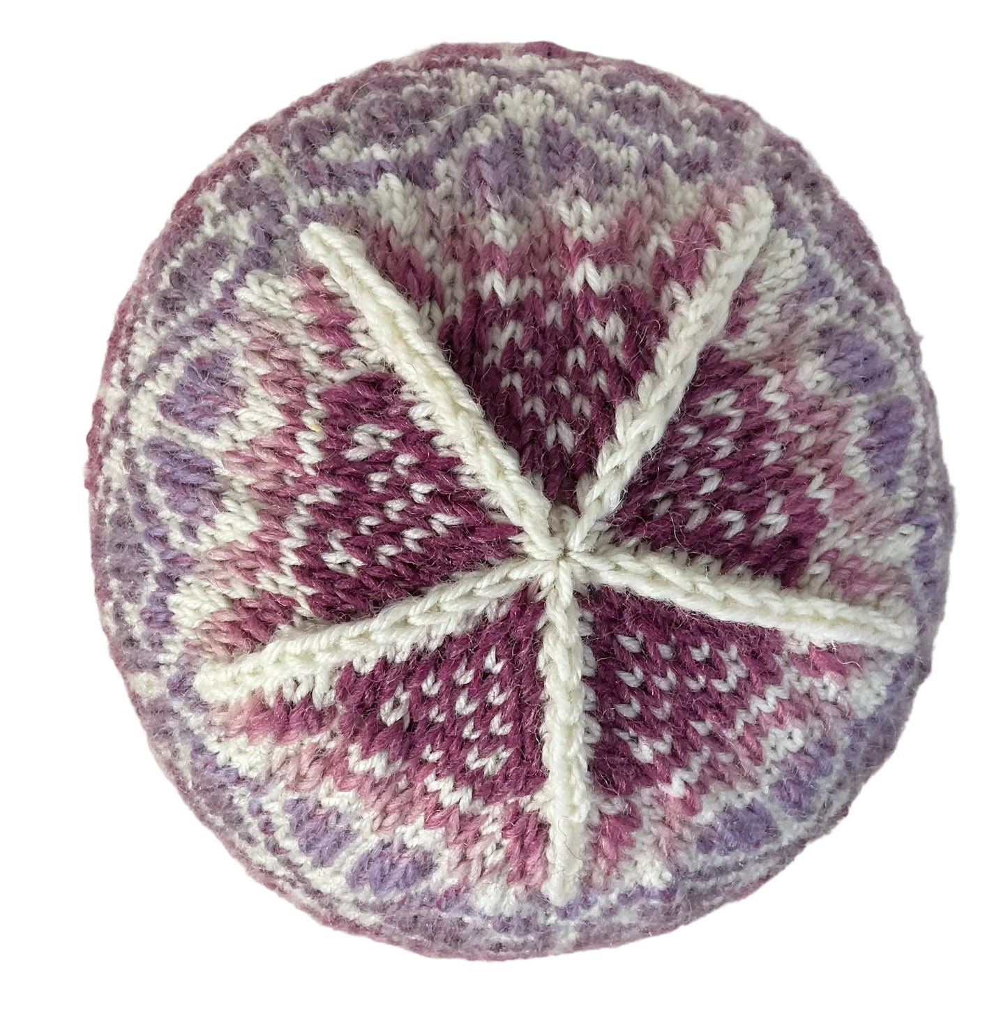 hand knit hat with variegated pink and purple floral motif