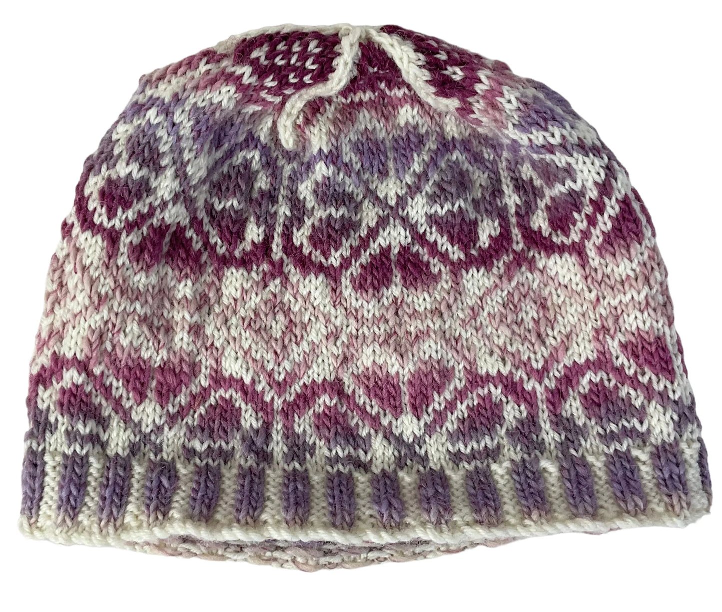 hand knit hat with variegated pink and purple floral motif