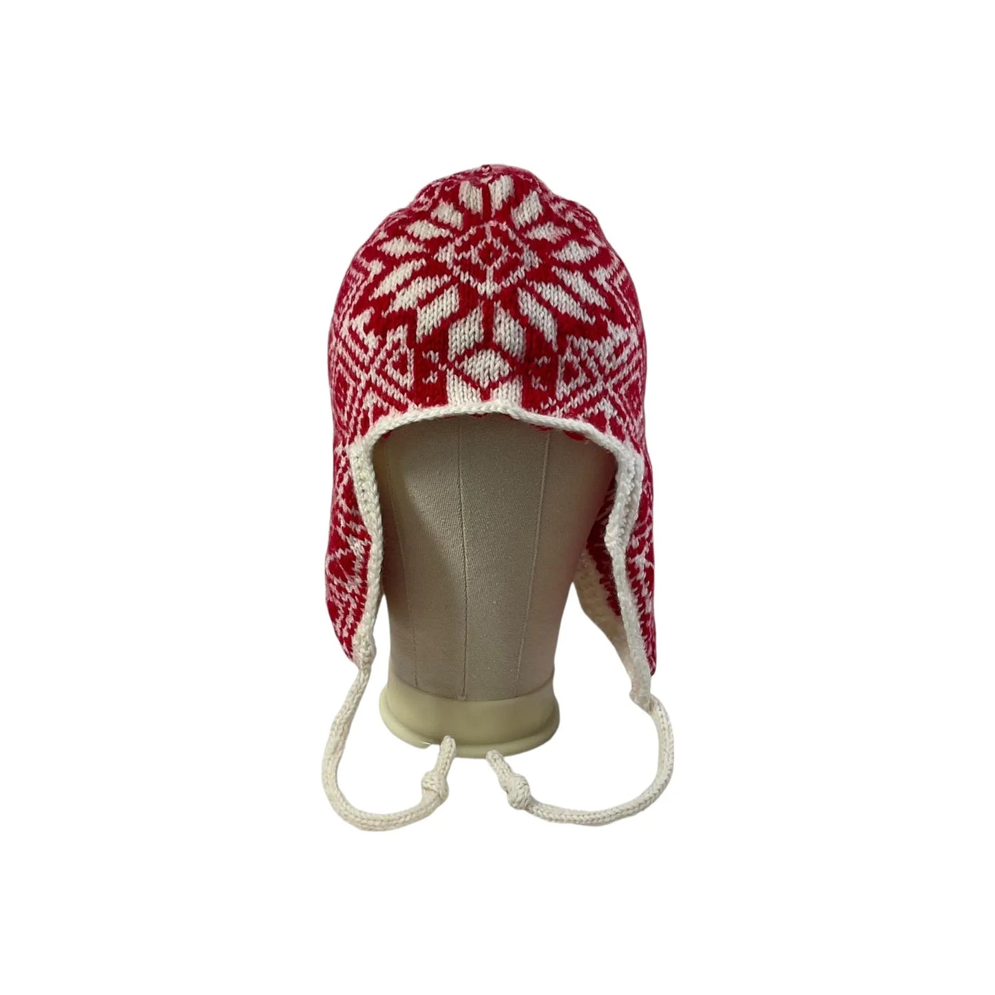 Ear flap hat with stranded red and white pattern