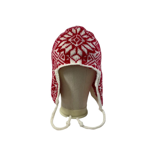 Ear flap hat with stranded red and white pattern