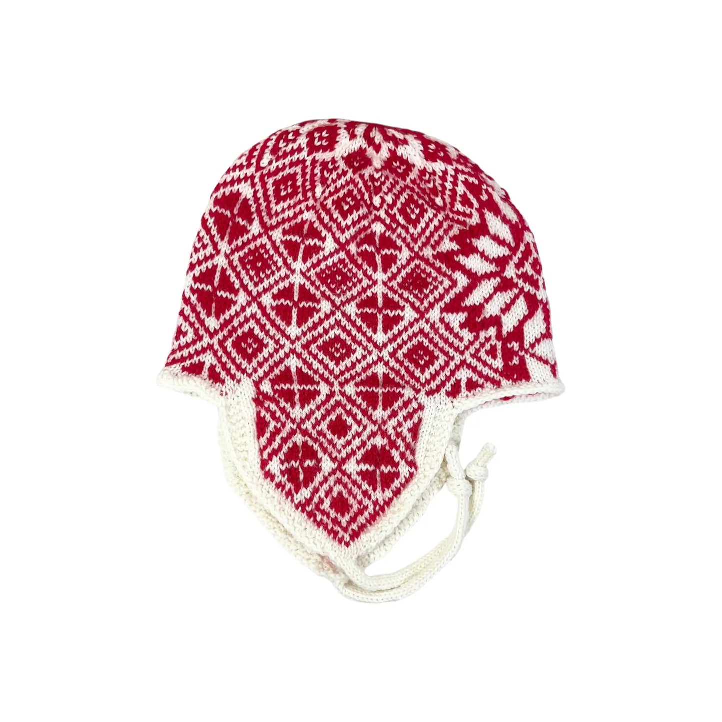Ear flap hat with stranded red and white pattern