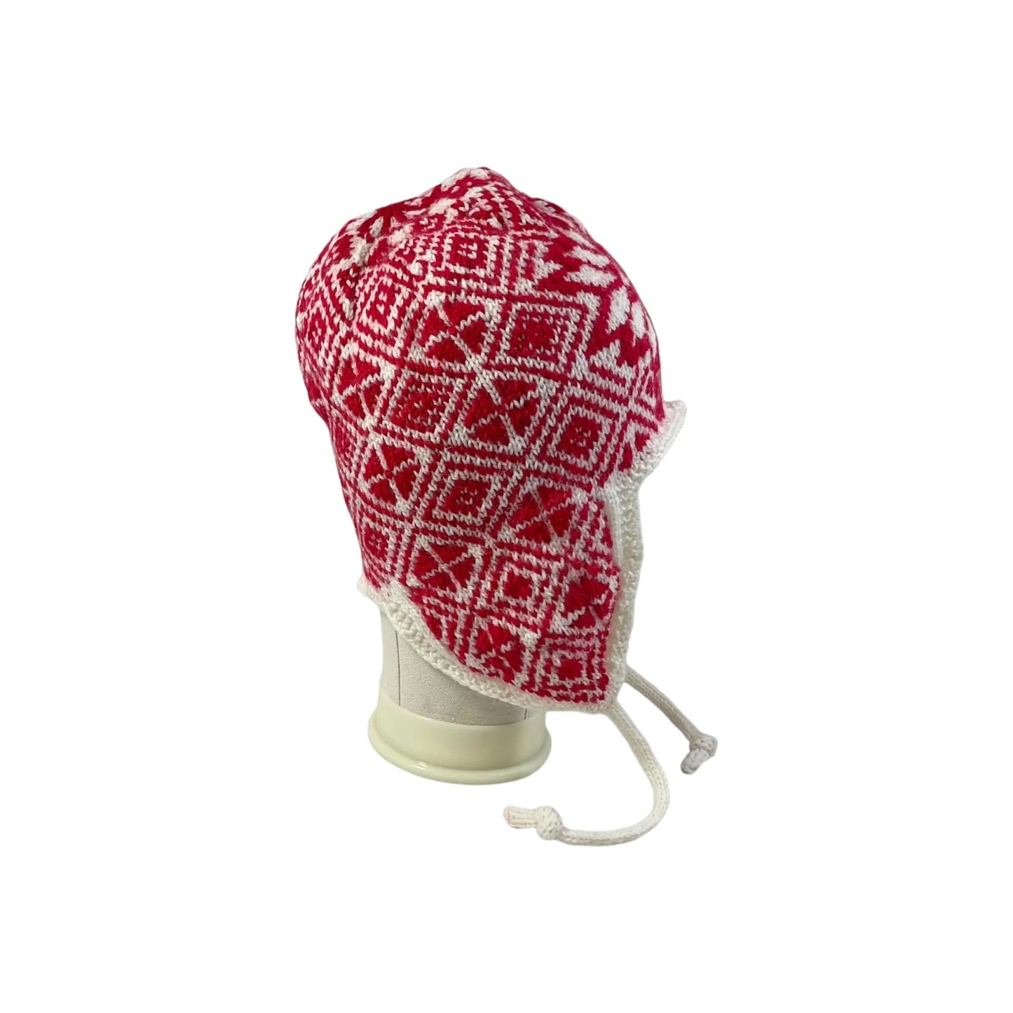 Ear flap hat with stranded red and white pattern