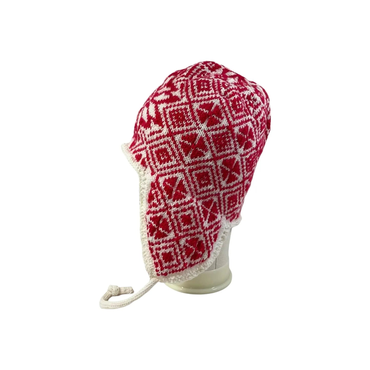 Ear flap hat with stranded red and white pattern