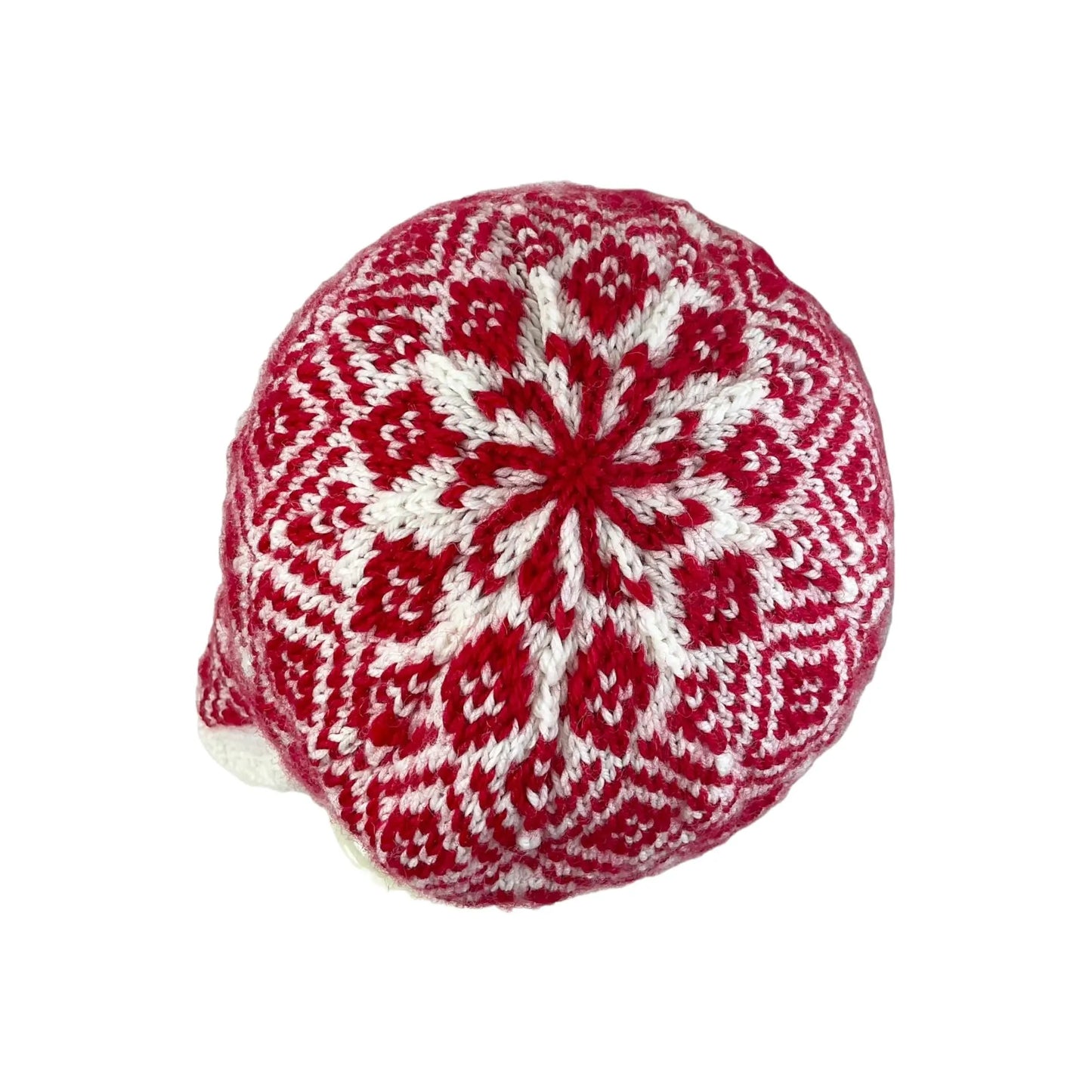 Ear flap hat with stranded red and white pattern