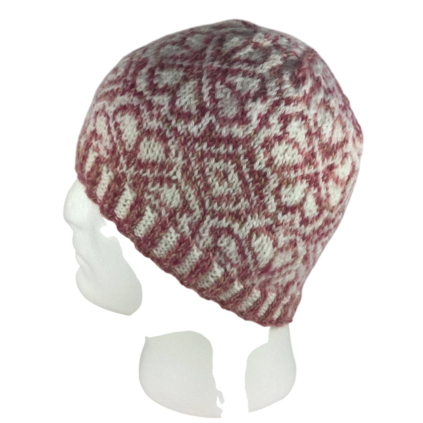 hand knit hat with wine pink and white floral motif