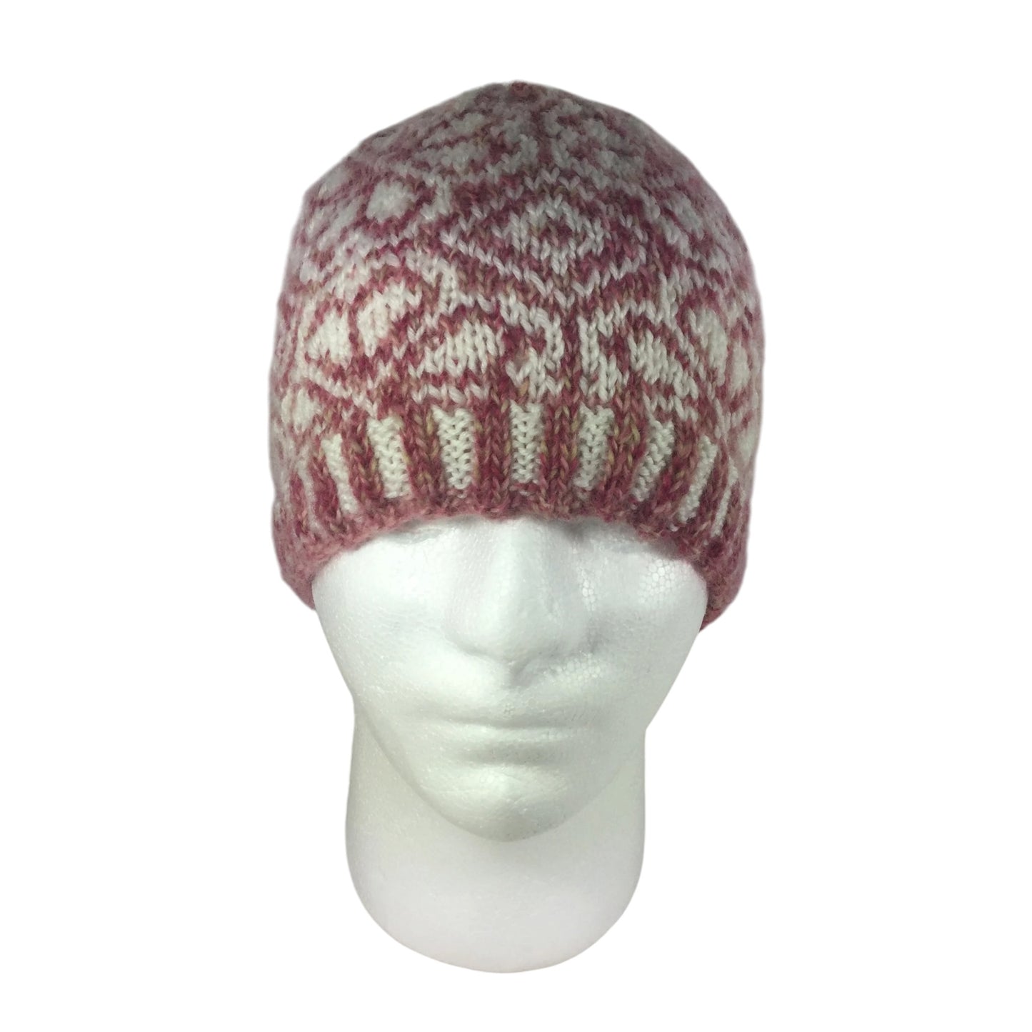 hand knit hat with wine pink and white floral motif