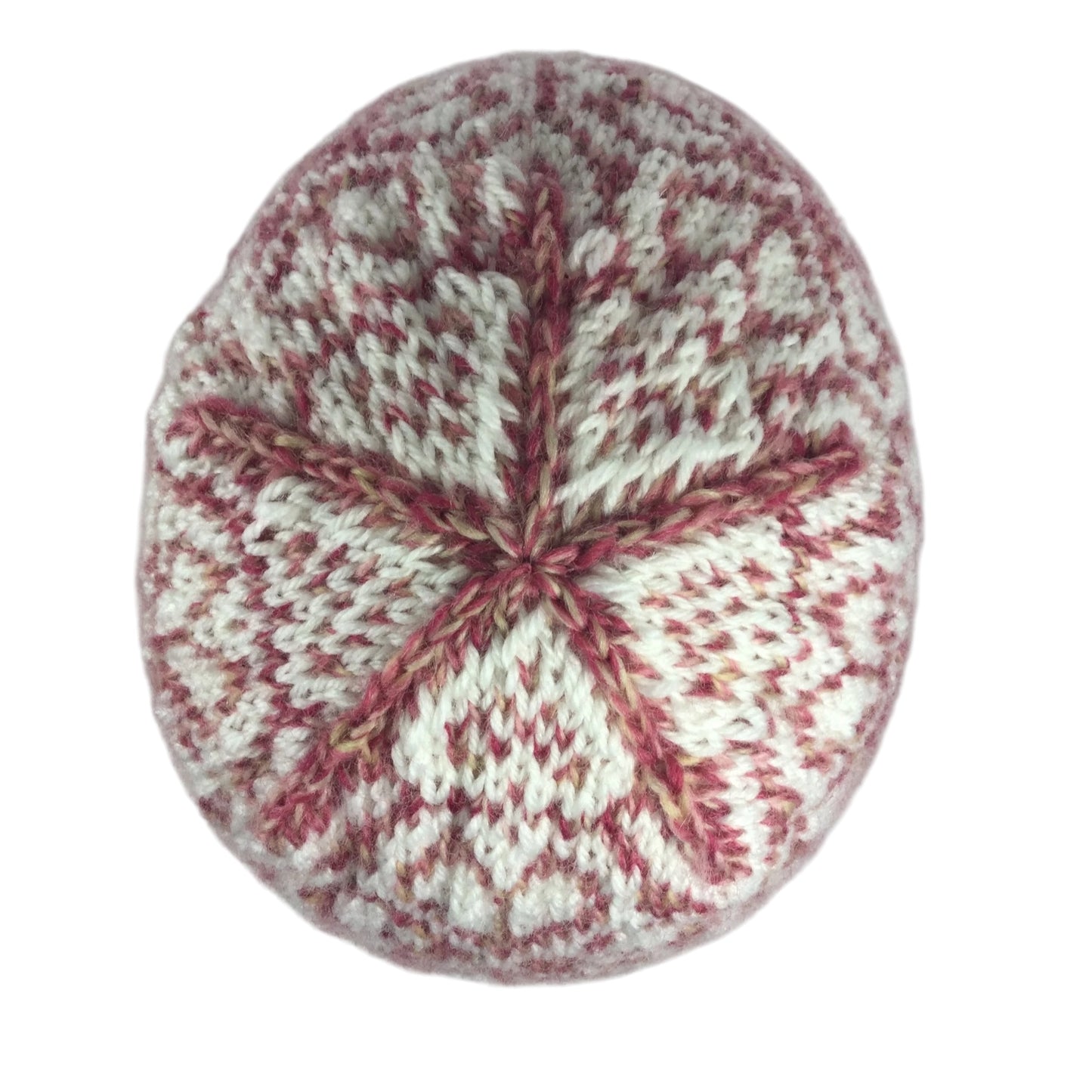 hand knit hat with wine pink and white floral motif
