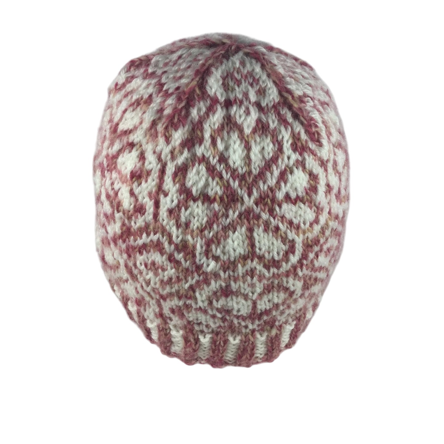 hand knit hat with wine pink and white floral motif