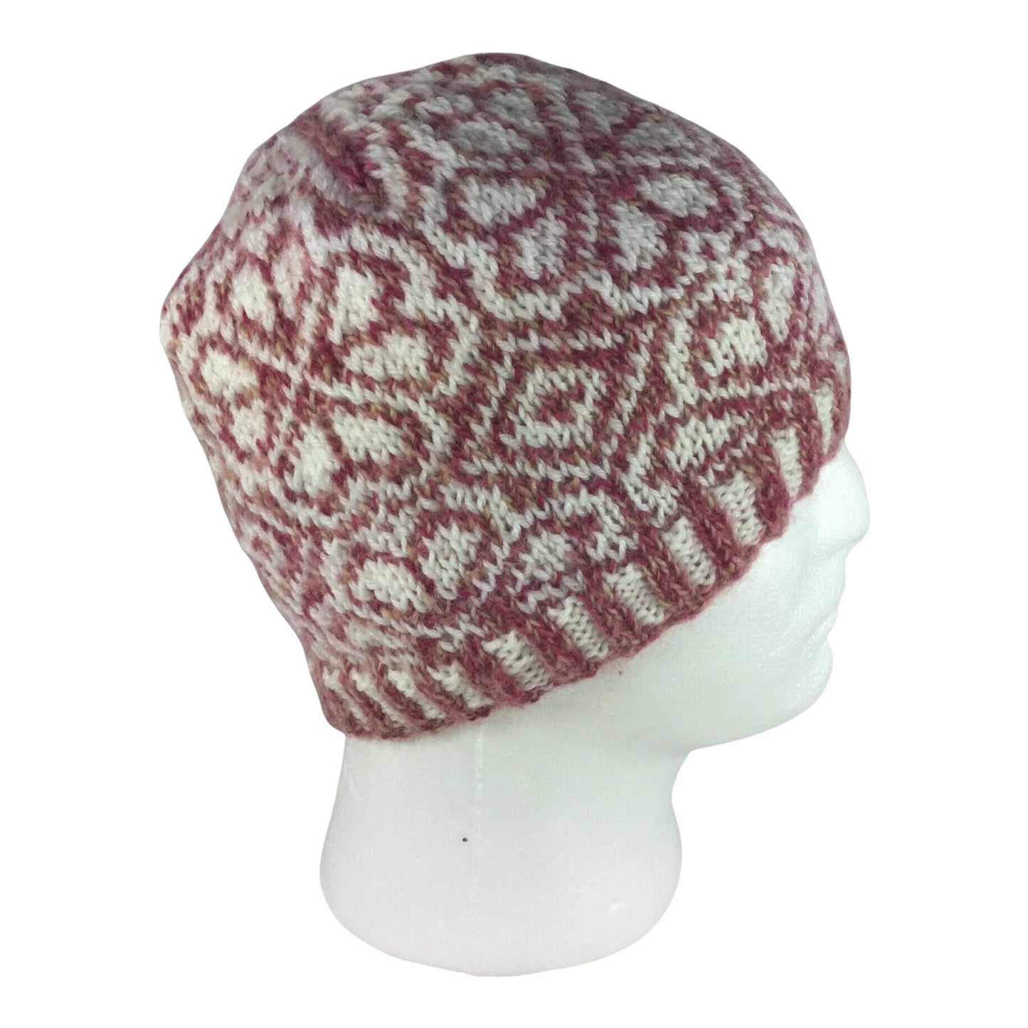 hand knit hat with wine pink and white floral motif