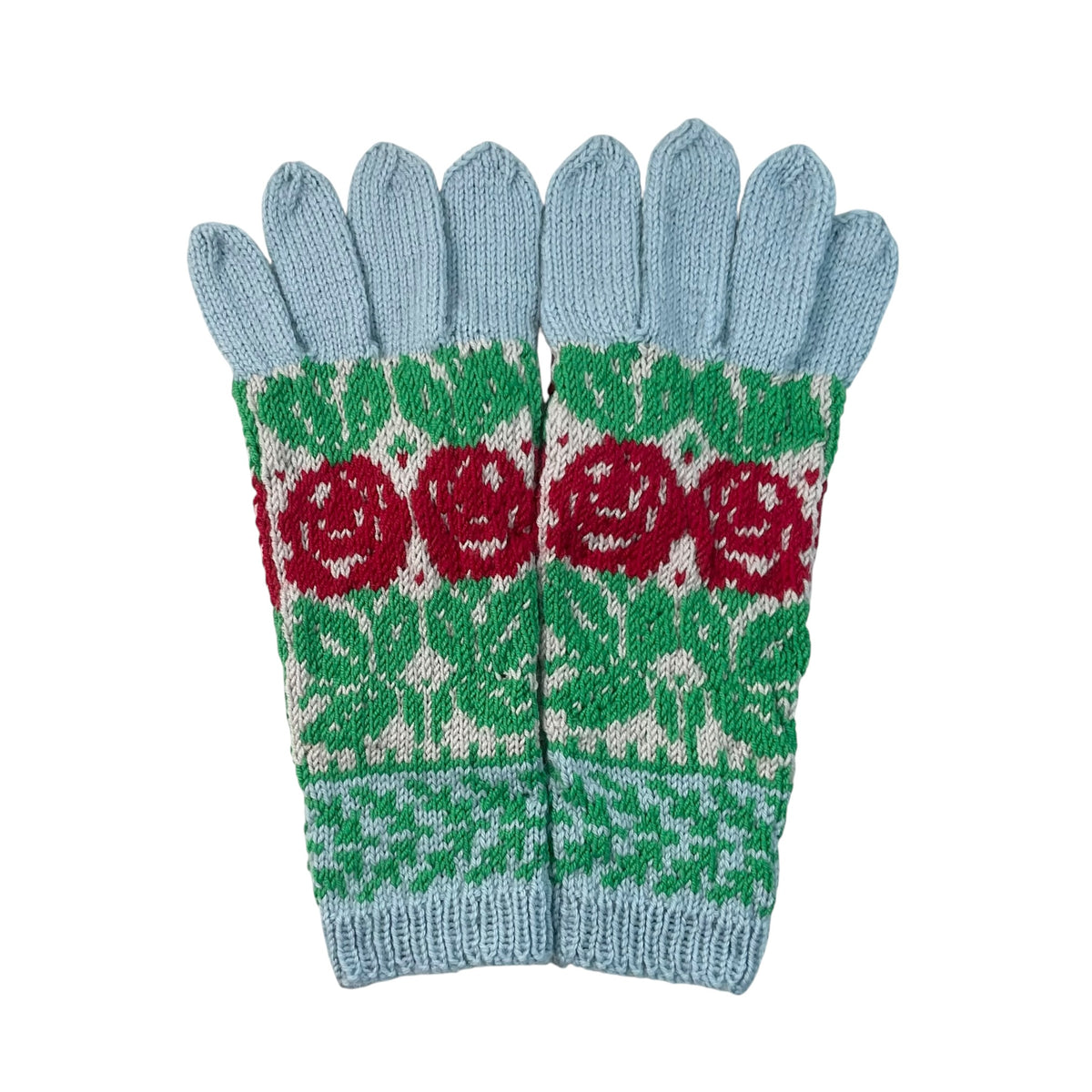 handknitted wool gloves with a red rose pattern