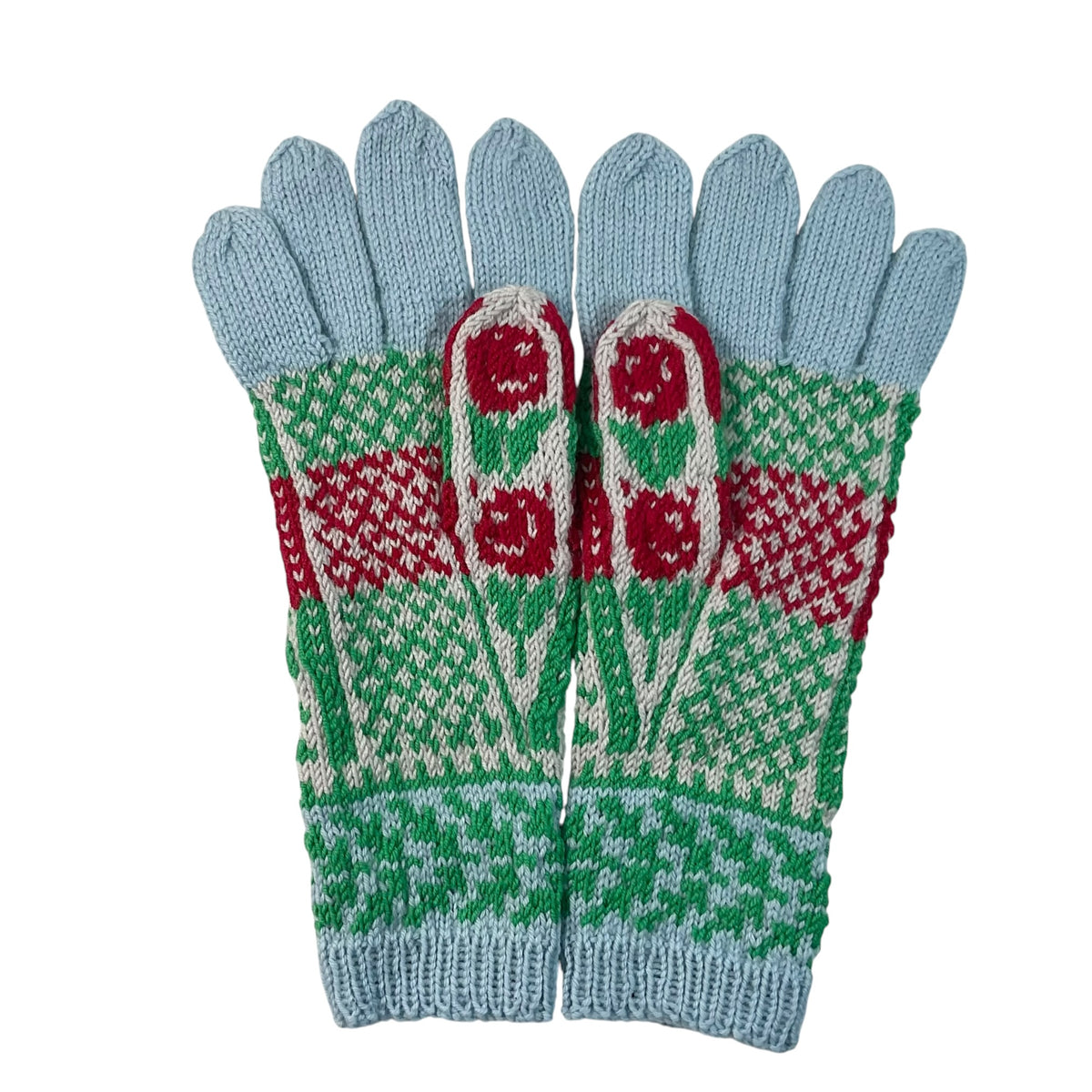 handknitted wool gloves with a red rose pattern