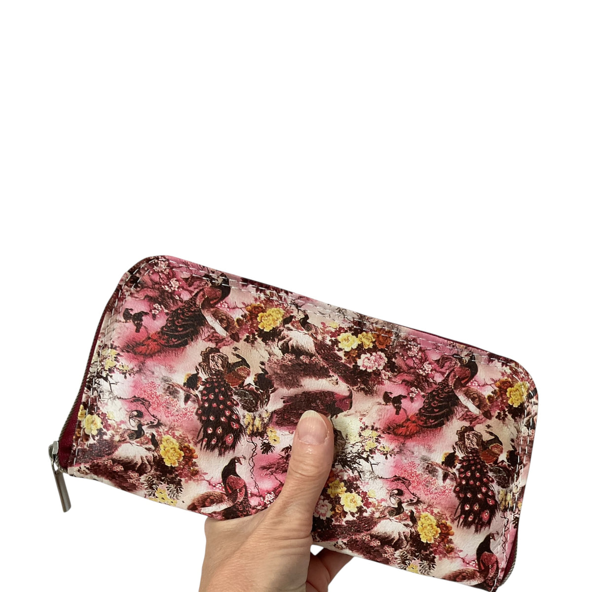 Wallet/ purse made from genuine leather with floral peacock print, full zip around