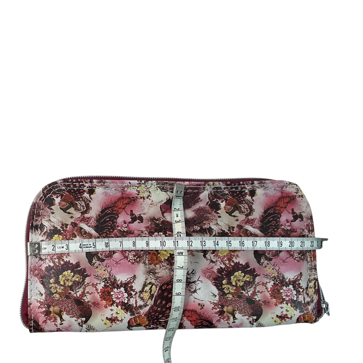Wallet/ purse made from genuine leather with floral peacock print, full zip around