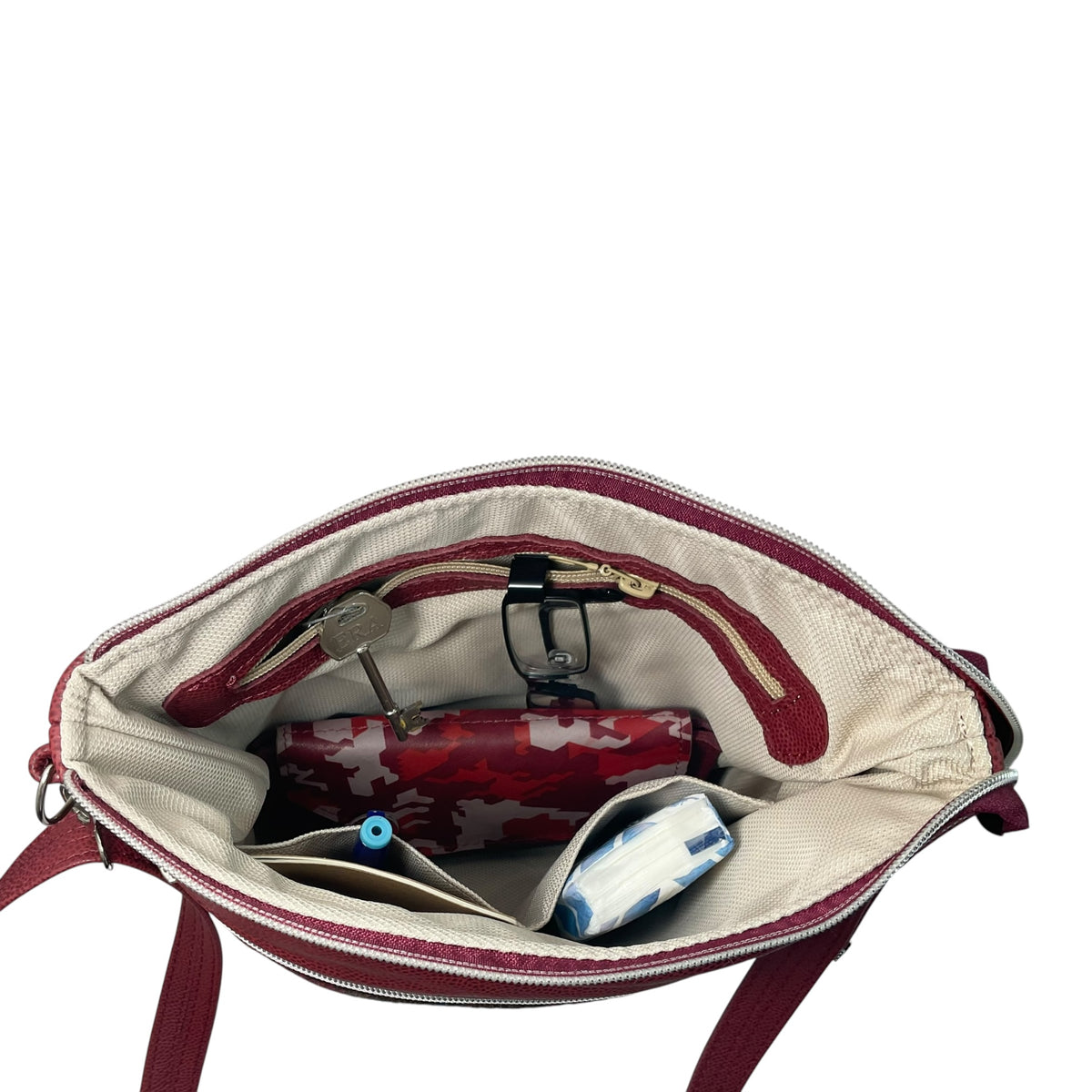 Handbag in genuine leather and red tartan Harris tweed