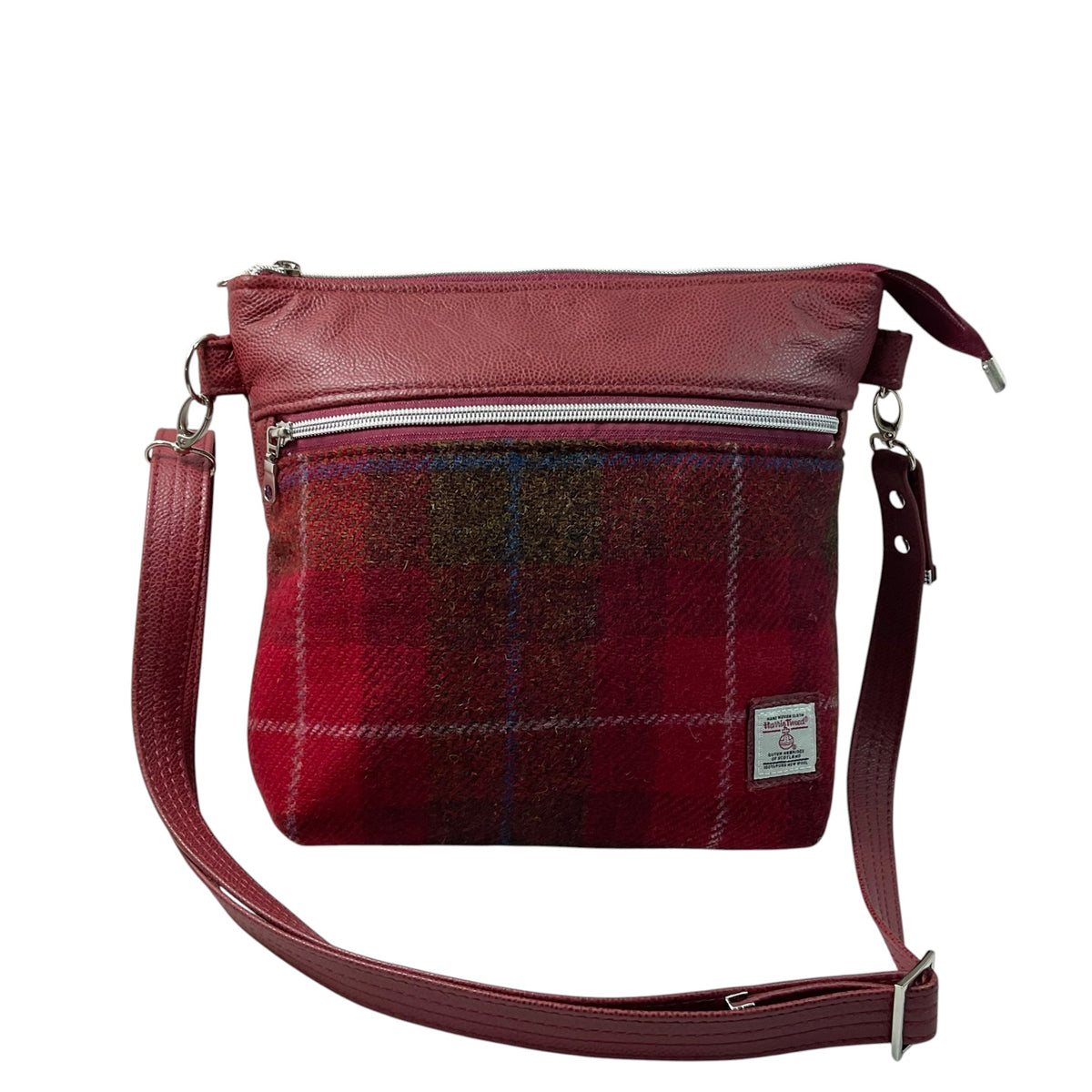 Handbag in genuine leather and red tartan Harris tweed