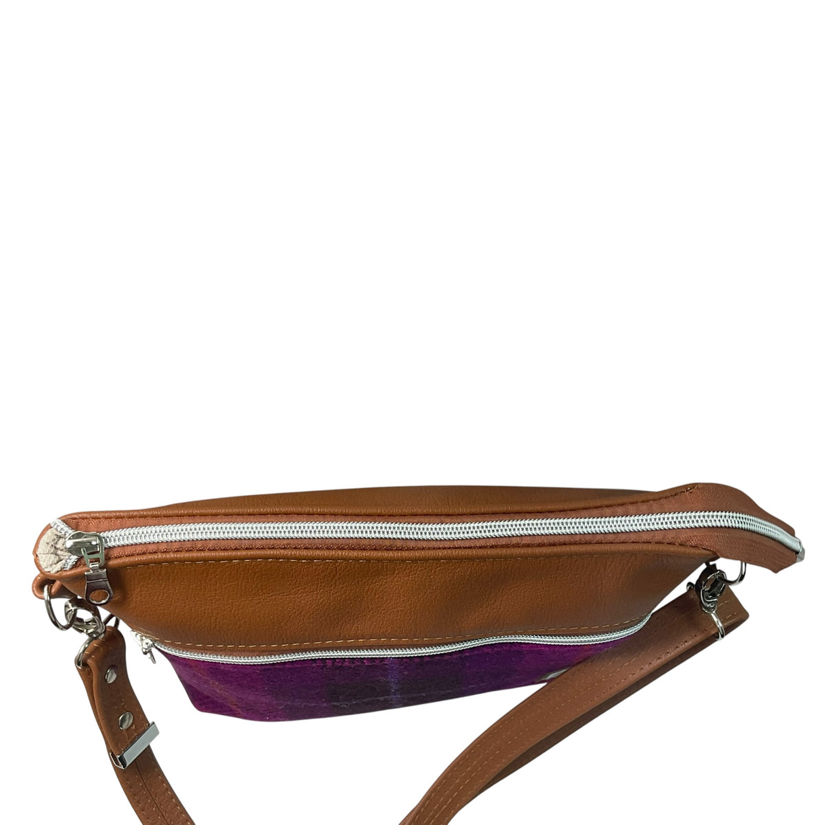 Handbag in genuine leather and purple tartan check Harris tweed