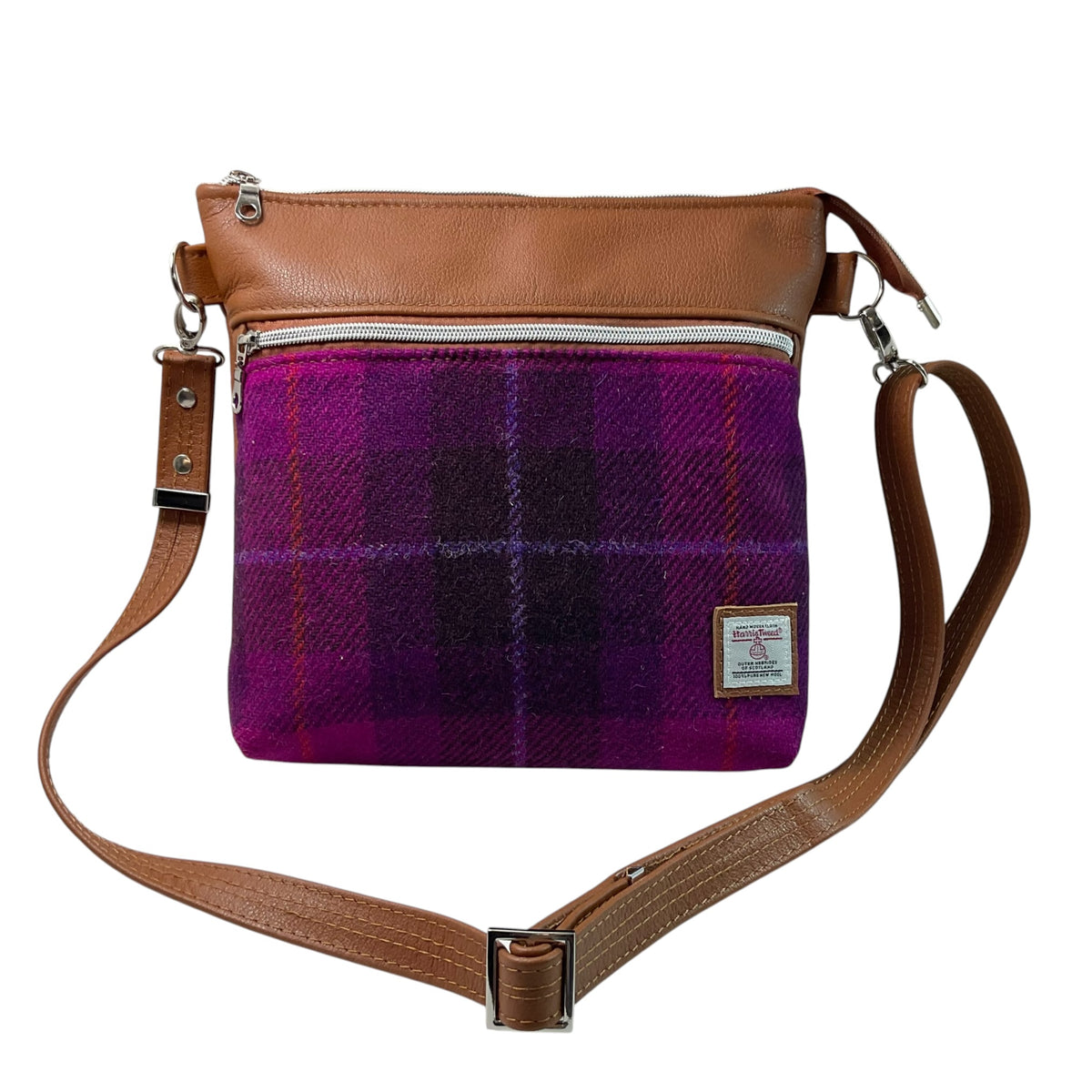 Handbag in genuine leather and purple tartan check Harris tweed