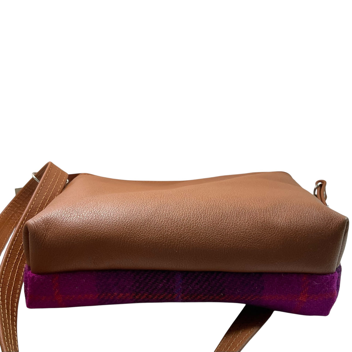 Handbag in genuine leather and purple tartan check Harris tweed