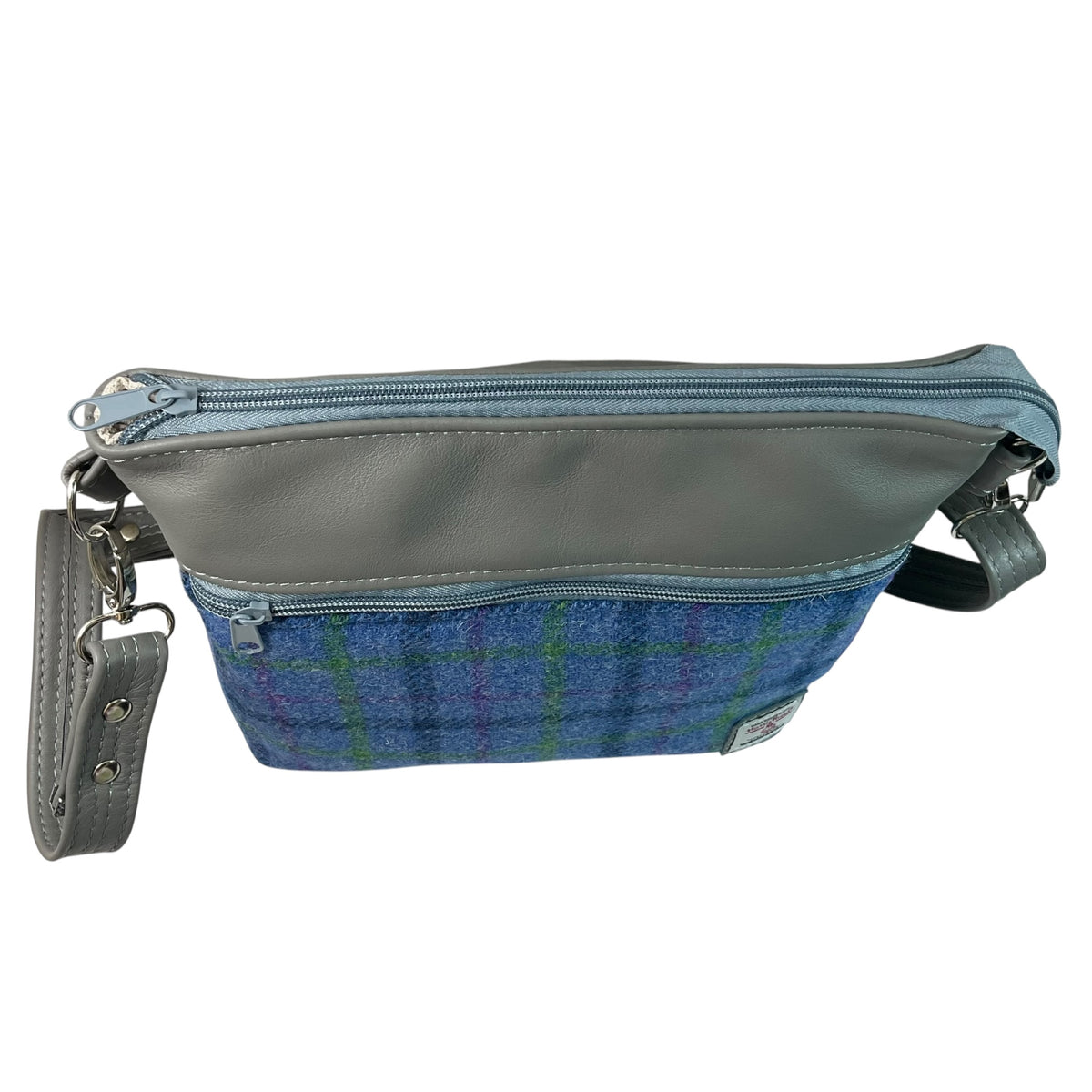 Handbag in genuine leather and blue tartan Harris tweed