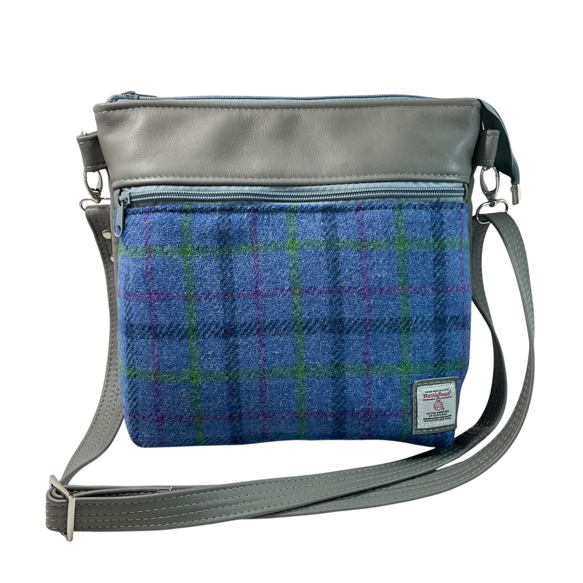 Handbag in genuine leather and blue tartan Harris tweed