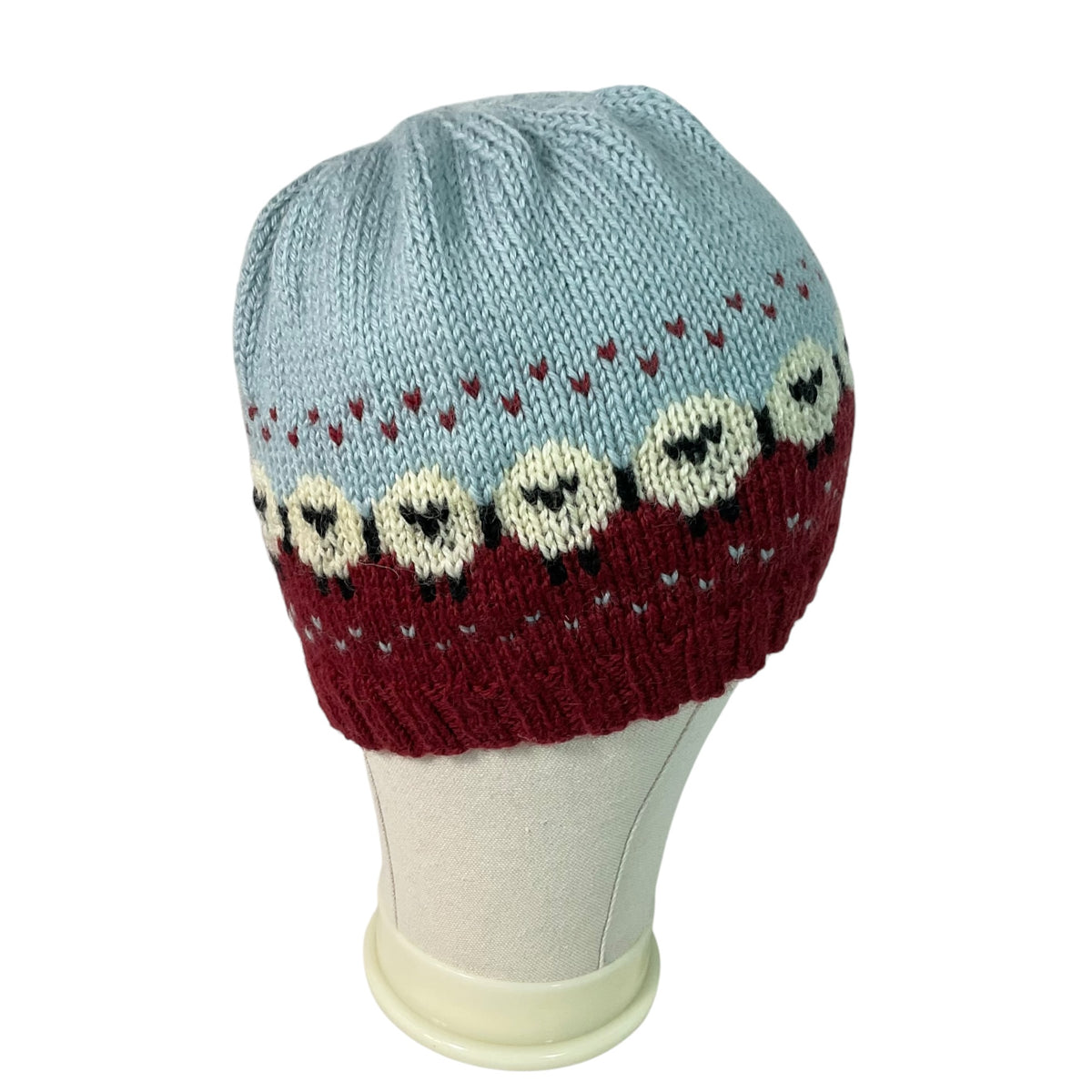 hand knit hat with sheep motif