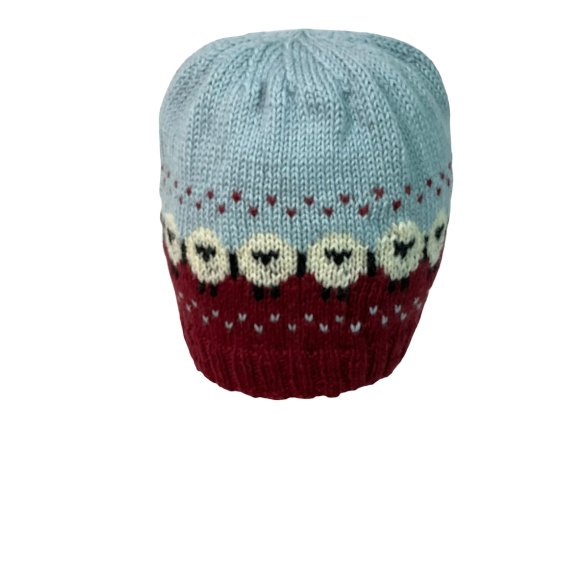 hand knit hat with sheep motif